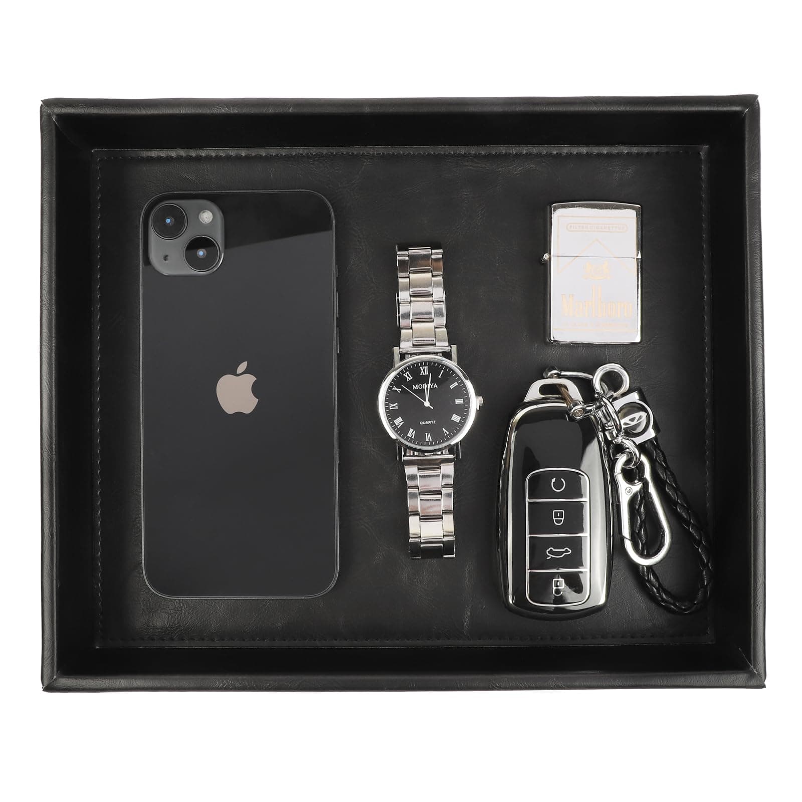 Leather Valet Organizer for Men – Black Catchall for Wallet, Keys, EDC, Jewelry, and Perfume – Nightstand, Dresser, and Bathroom Vanity Storage