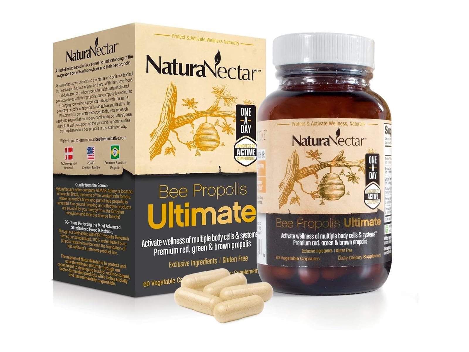 NaturaNectar - Ultimate Bee Propolis Capsules - NSF Contents Certified -Brazilian Red, Brown, & Green - Gluten-Free Supplement with Flavonoids - Naturally Sourced Through Ethical Beekeeping (60pcs.)