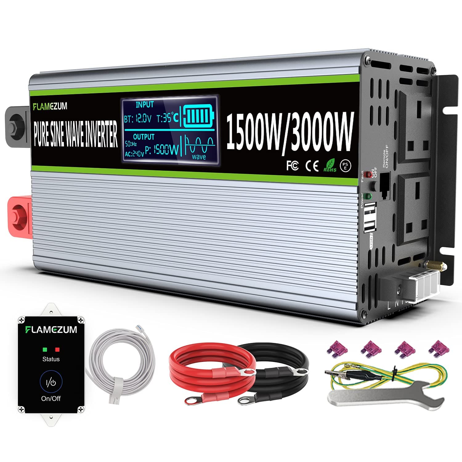 FLAMEZUM Pure Sine Wave Power Inverter 1500 Watt Inverter 12V DC to 240V AC Converter with 4.5 Meter Remote Control -2 AC Outlets Car Inverter with 2 USB Port for RV Truck Car