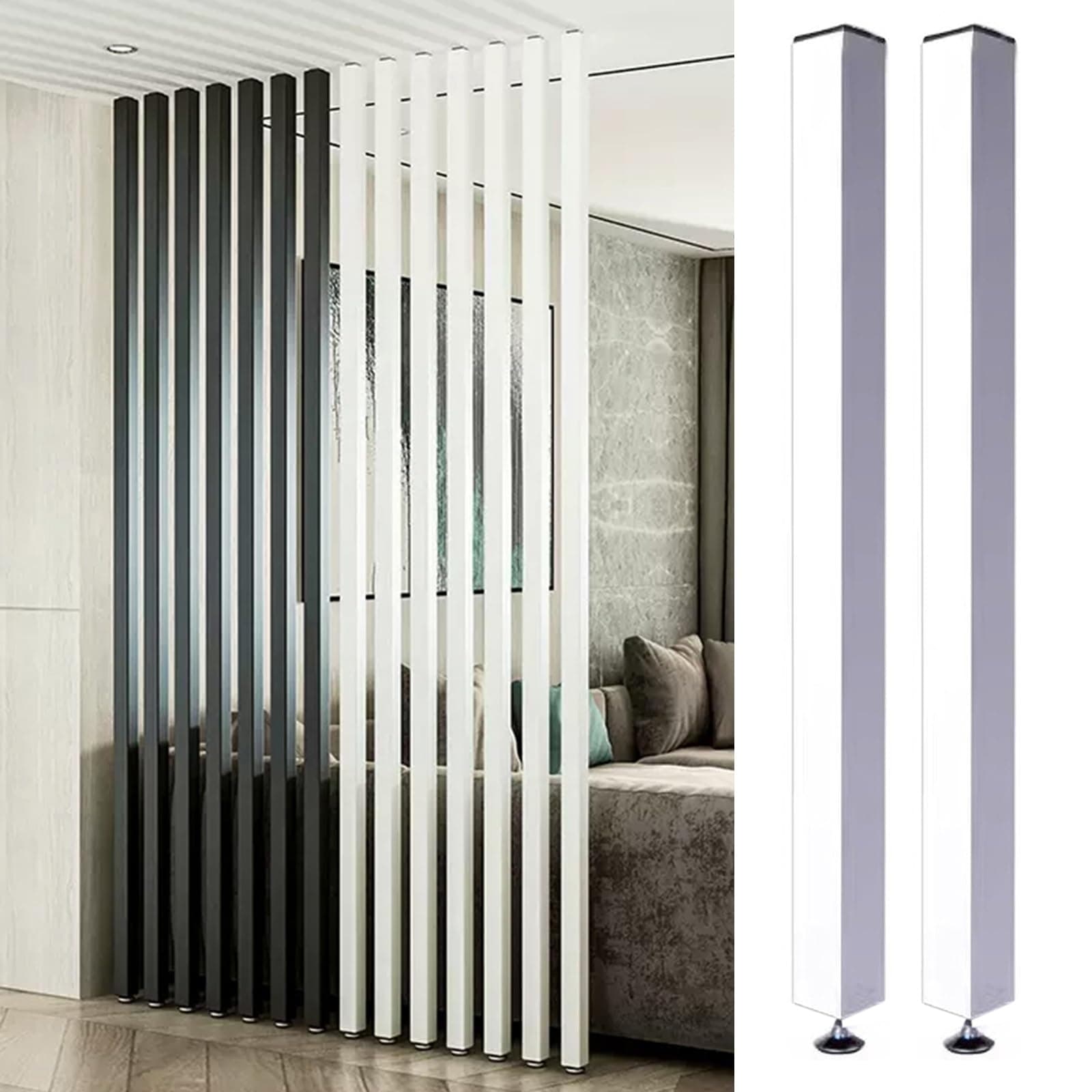 Living Room Floor to Ceiling Wall Post Partitions Screens, Wood Slat Room Divider Column with Adjustable Feet, Office Dividers Pillars 28 36 48 60 70 80 Inches High(White 2 Pack,230cm/90.5in/7.54ft)