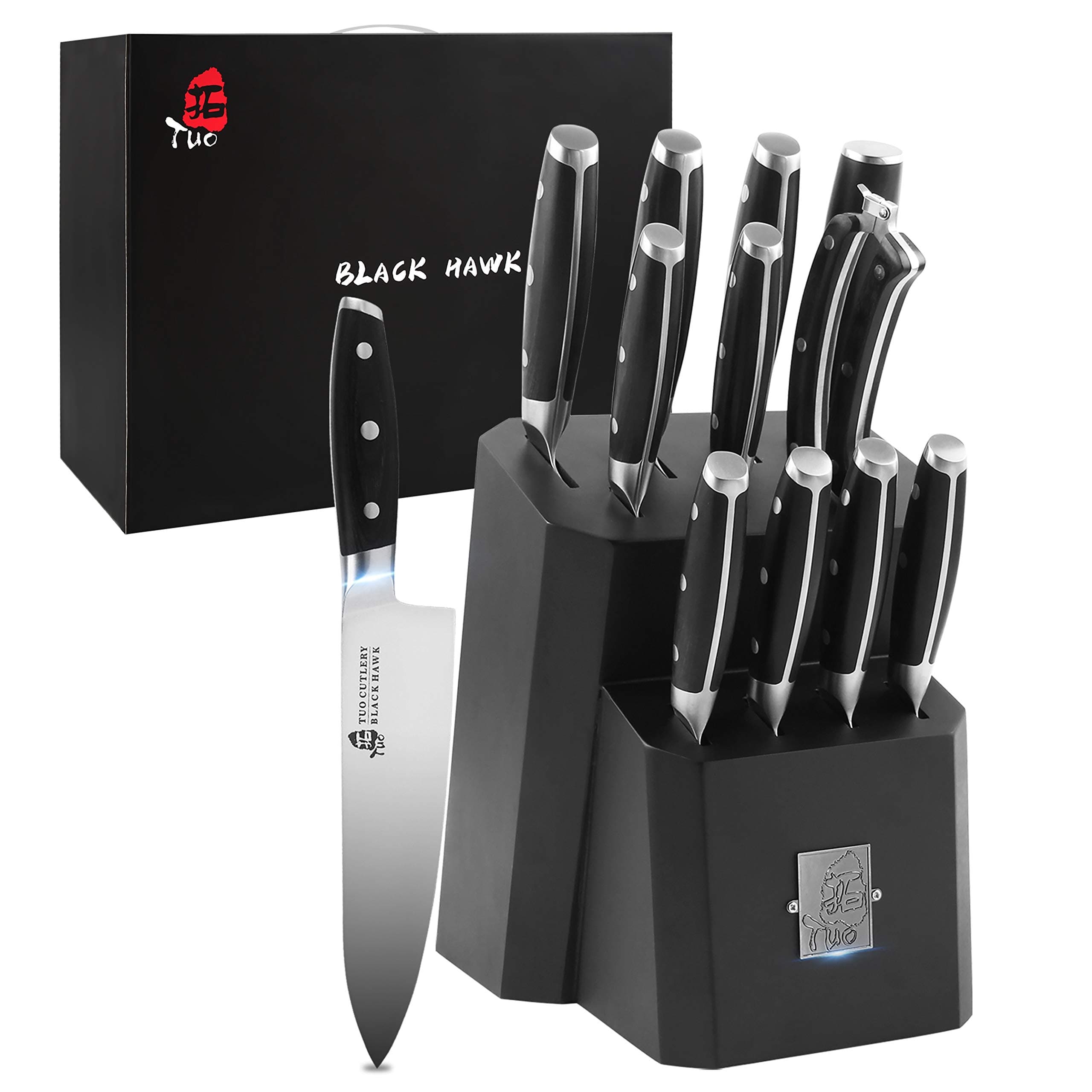 TUOKitchen Knife Set - 12 Pcs Knife Set with Wooden Block - Premium Forged German Stainless Steel, Ergonomic Pakkawood Handle - BLACK HAWK SERIES with Gift Box