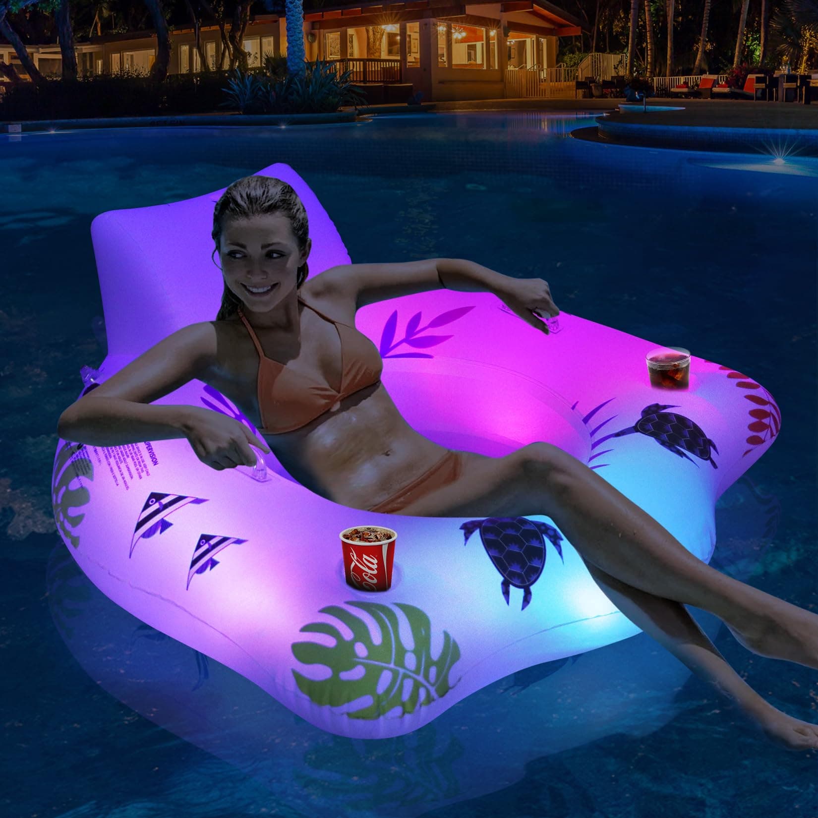 Inflatable Pool Floats Chair with Color Changing Light, Solar Water Floats for Adults with 2 Cup Holders & 2 Armrests, Beach Float Pool Sofa, Pool Raft Lounge Pool Floaties for Adult