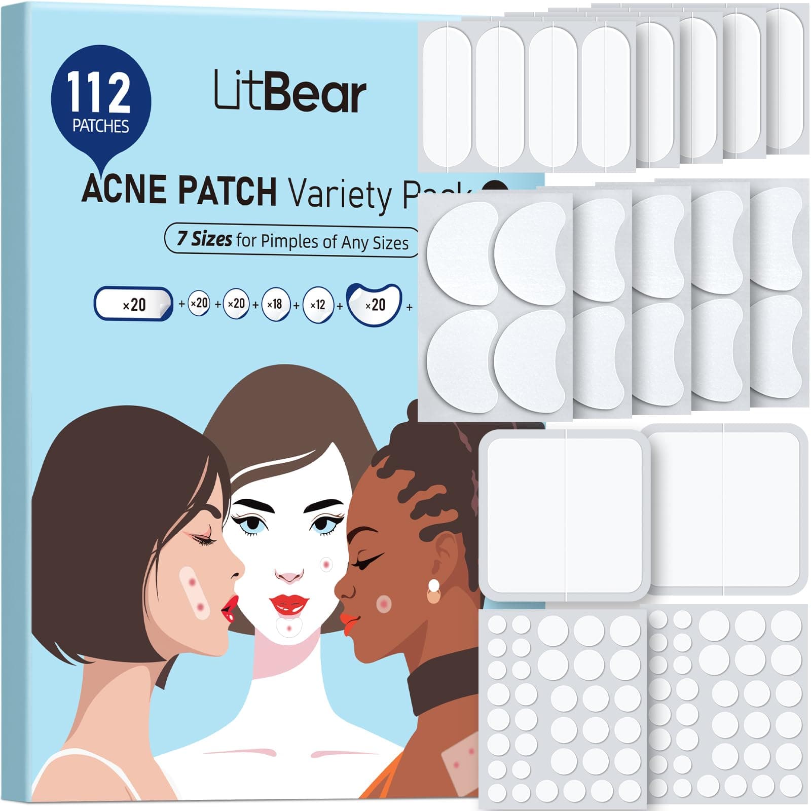 LitBear Large Pimple Patches (7 Sizes, 112 Plasters) Large Acne Patches Hydrocolloid XL for Full Face Forehead Chin Nose Body Back Neck