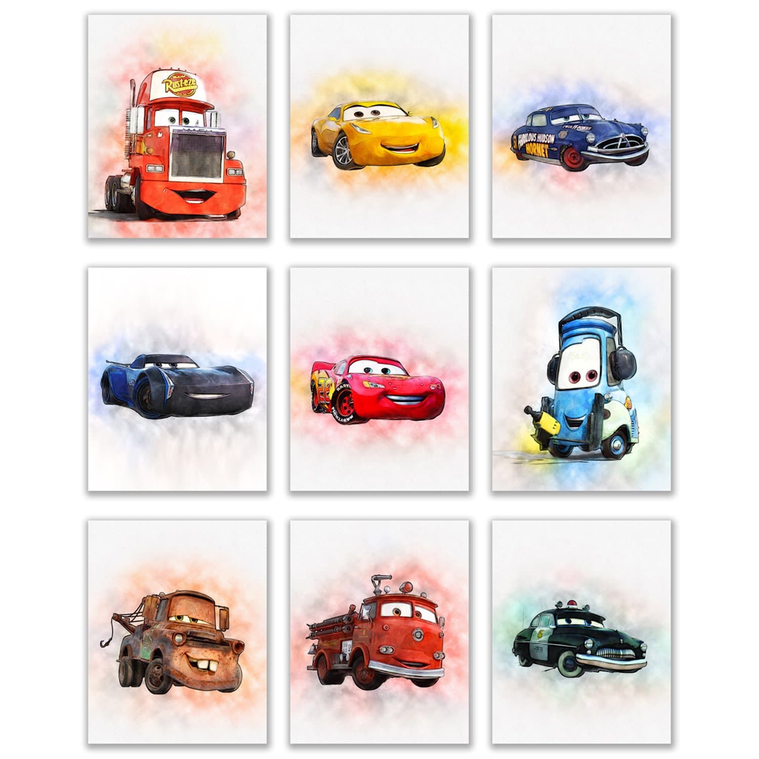 BigWig Prints Cars Movie Poster - Set of 9 (8 inches x 10 inches) Watercolor Photos - Lightning McQueen Tow Mater Doc Hudson Jackson Storm Cruz Ramirez