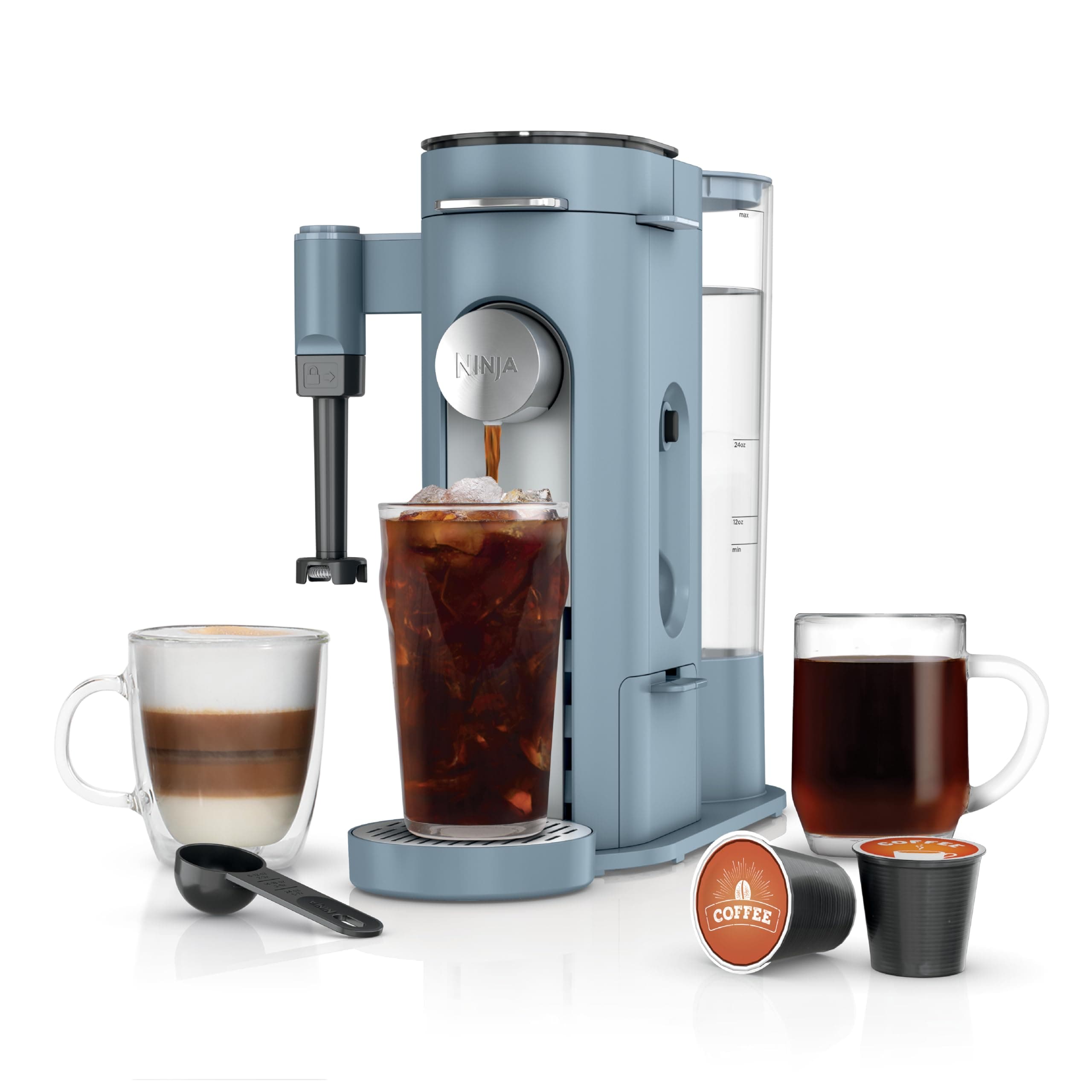 Ninja Pod & Grounds Specialty XL Single-Serve Coffee Maker, K-Cup Pod Compatible, Brews Grounds, Compact Design, Built-In Milk Frother, 68-oz. Reservoir, 6oz. Cup-24oz. Mug Sizes, Denim Blue, PB055ABL