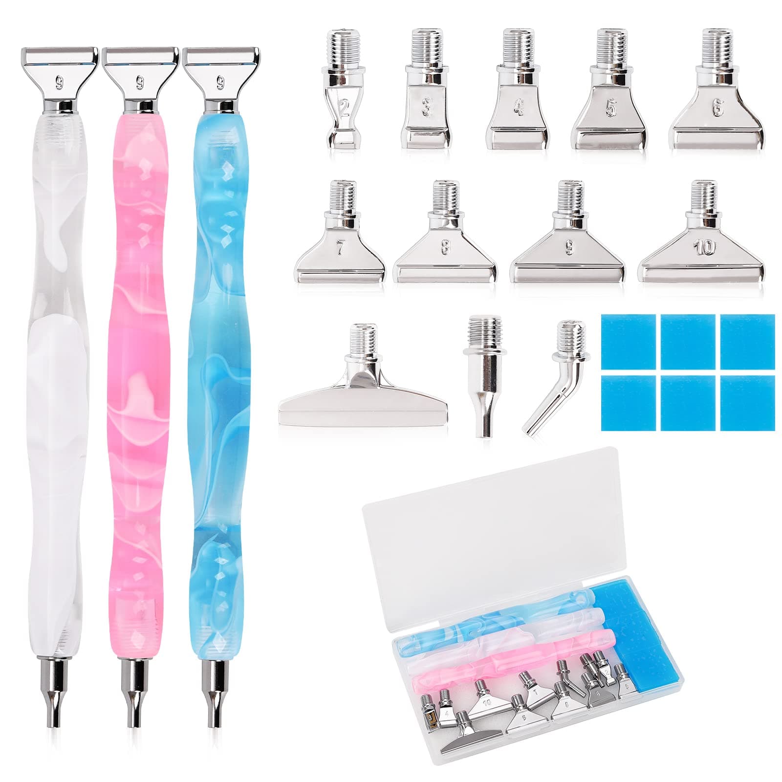 Gukasxi Diamond Painting Pen Kits, 3 Pcs Diamond Painting Pen with 12 Pcs Metal Pen Tips, Handmade 5D Diamond Painting Accessories Tools with Multi Replacement Screw Thread Pen Heads (Silver)