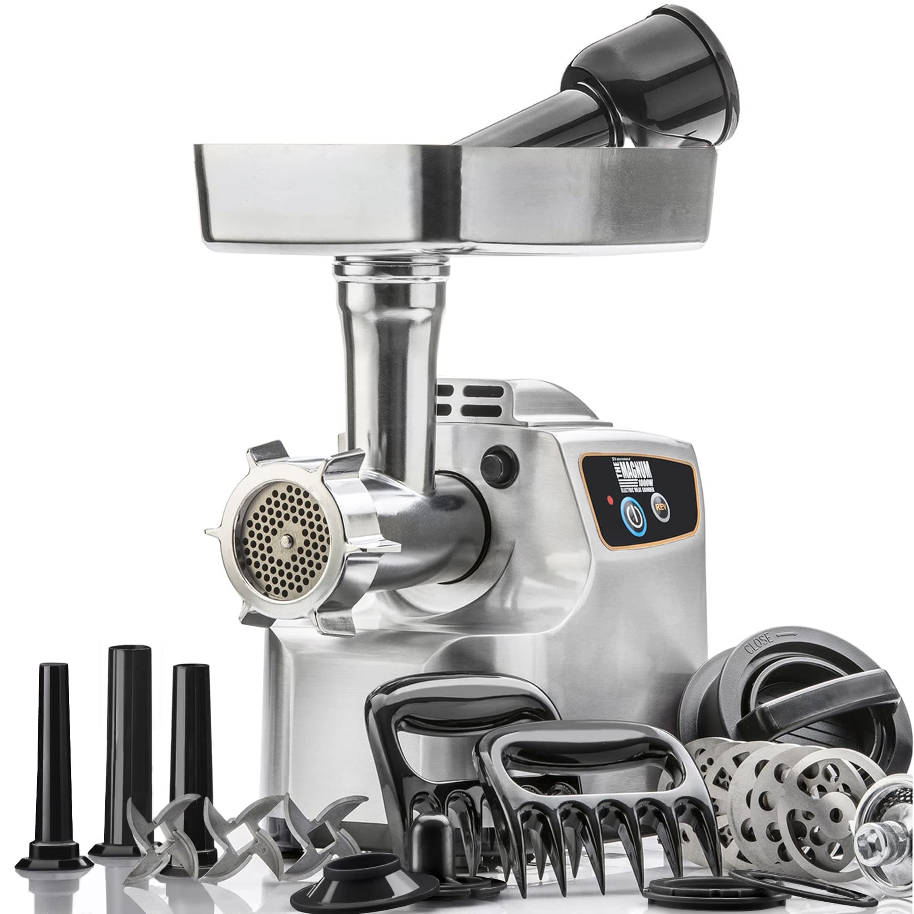 STX International Magnum 1800W Electric Meat Grinder | Grinds Soft Bones | High-Capacity Meat Tray | 6 Grinding Plates | 3 Stainless Steel Blades | Sausage Stuffer | Kubbe Maker & More Included