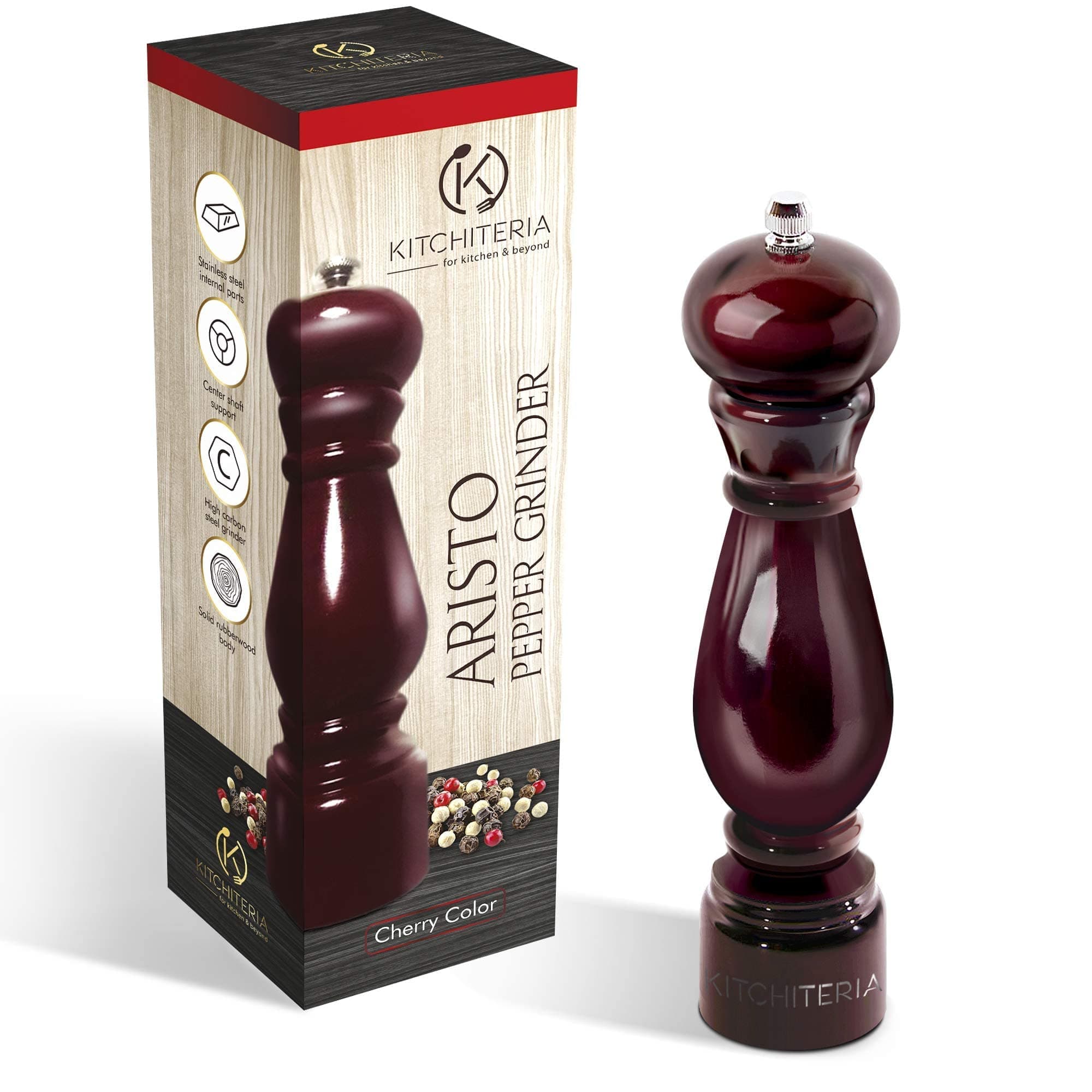 KITCHITERIA Wood Pepper Grinder Mill - Smooth, Consistent Carbon Steel Grinding Mechanism - High Quality, Comfortable, User-Friendly, Elegant and Long Life - 8.5 Inches