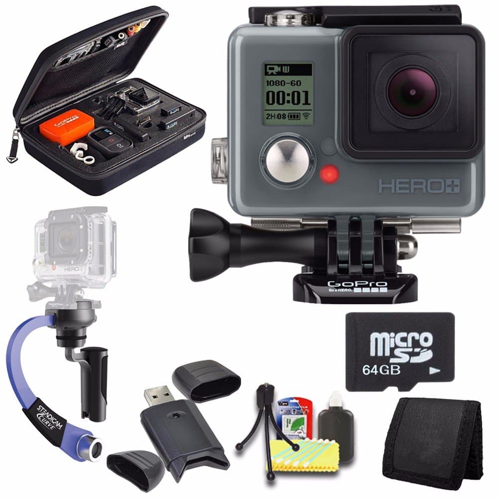GoPro HERO+ LCD + Steadicam Curve for GoPro HERO Action Cameras (Blue) + 64GB Memory Card + Case for GoPro HERO4 and GoPro Accessories + 6pc Starter Kit Bundle