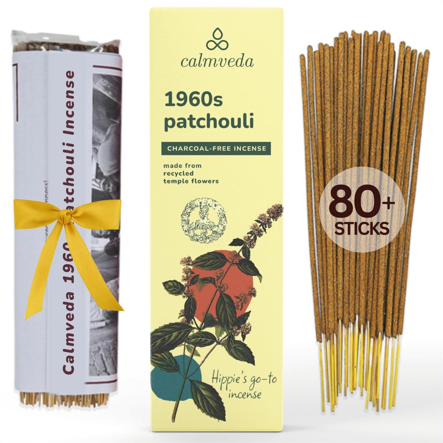 1960s Patchouli Incense Sticks Pack - (80 Sticks) Charcoal Free Incense, Made from Upcycled Flowers | Organic Incense Sticks Non Toxic | Relaxation Pachouli Incense for Calming