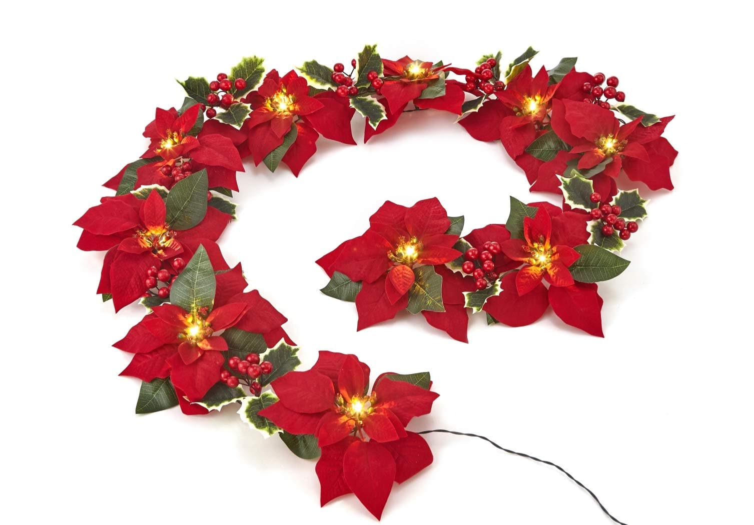 Christmas Decoration Garland,Pre-Lit Velvet Silk Poinsettia 6 Feet Garland with Red Berries and Holly Leaves, Christmas Garland (1 Pack, Red)