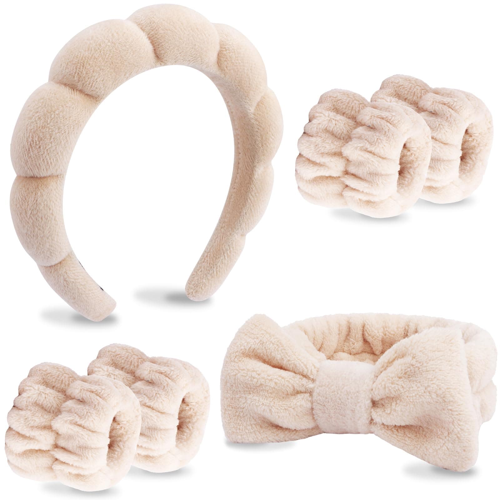 VELSCRUN 6 Pack Spa Headband, Makeup Headband, Face Wash Headbands, Skincare Headbands, Brown Sponge Hair Band Bow Tie Spa Head Band for Washing Face Wristband Set Hair Accessories for Women