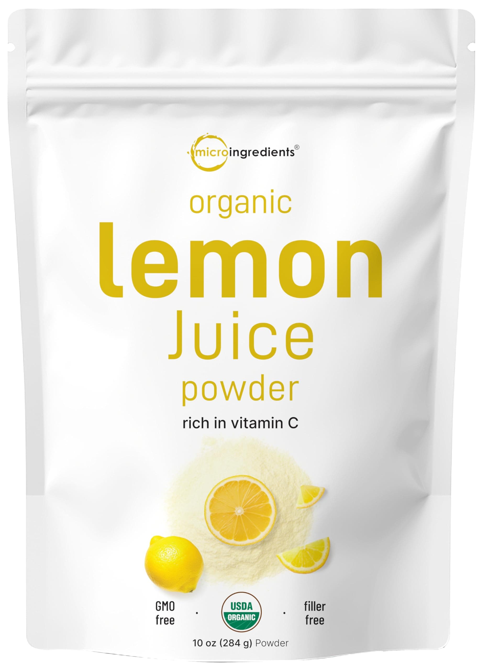 Micro Ingredients Organic Lemon Juice Powder, 10 oz | Cold-Pressed Lemon Source | Natural Vitamin C | No Sugar or Additives | Great for Drinks, Smoothies & Beverages | Non-GMO, Vegan Friendly