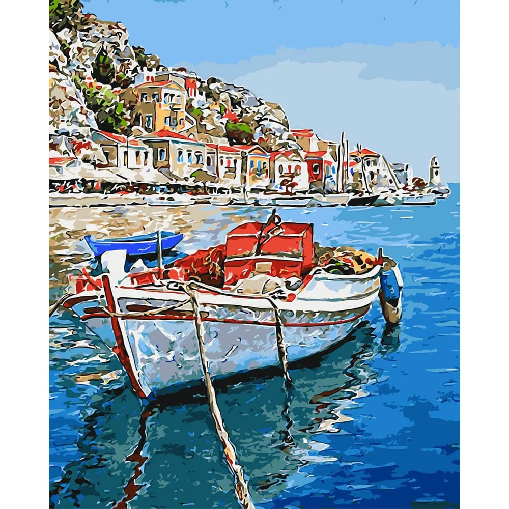 BAISITE Paint by Numbers for Adults,DIY Canvas Oil Painting 16"Wx20"L Drawing Paintwork with Paintbrushes,Acrylic Pigment-Lakeside Boat 3442-4