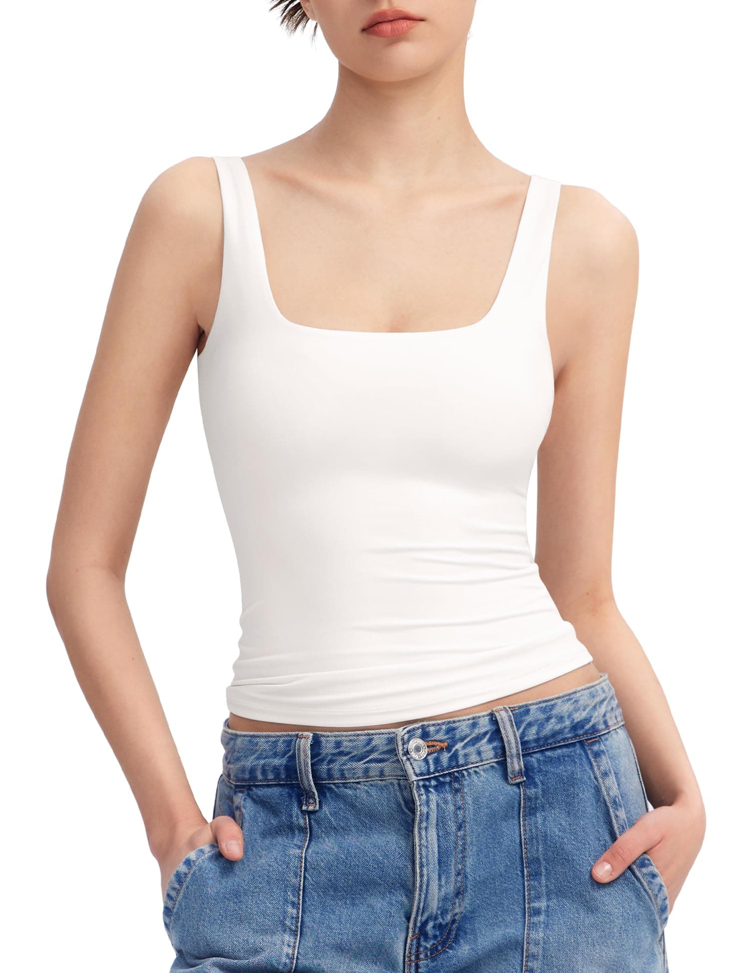 PUMIEYWomen's Square Neck Tank Top Sleeveless Double Lined Basic Tops Sharp CollectionOEKO-TEX STANDARD 100