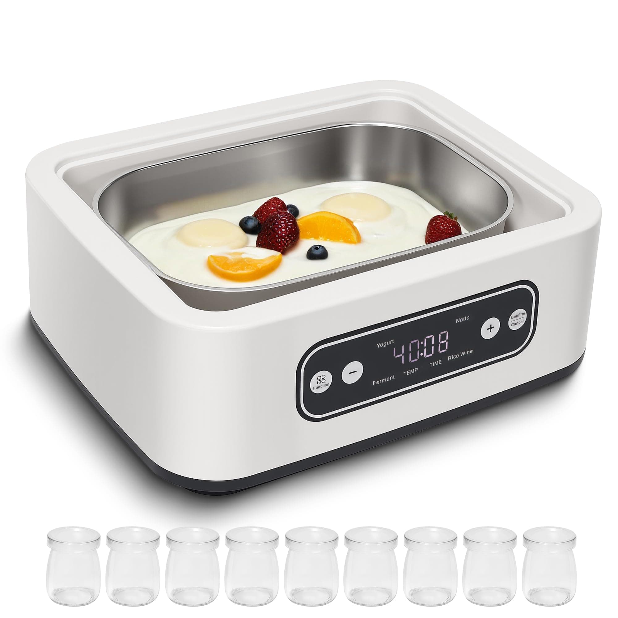 1.7-Quart Yogurt Maker with Adjust Temp(21°C-48°C/70°F-118°F) & Time(1-99h),110V-240V Auto-adaptive,Steel Inner Pot,BPA-free,Celsius Increment,Real-Time Countdown LED Display (Addition 9 Jars)