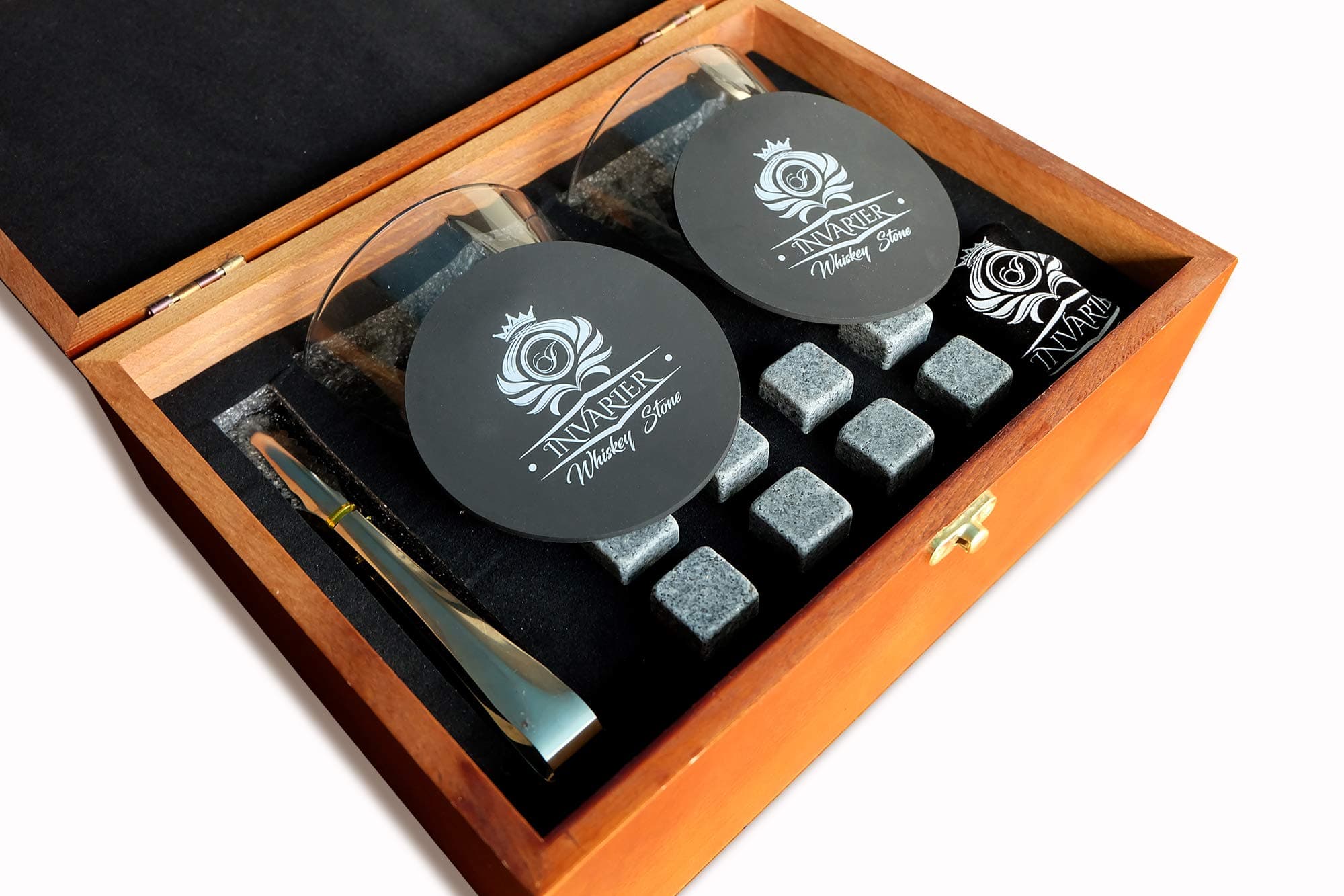 Whiskey Stones and Glass Gift Set - 8 Reusable Granite Chilling Rocks, 2 Large Whiskey Glasses, 2 Coaster, Velvet Pouch & Tongs in Elegant Wooden Box