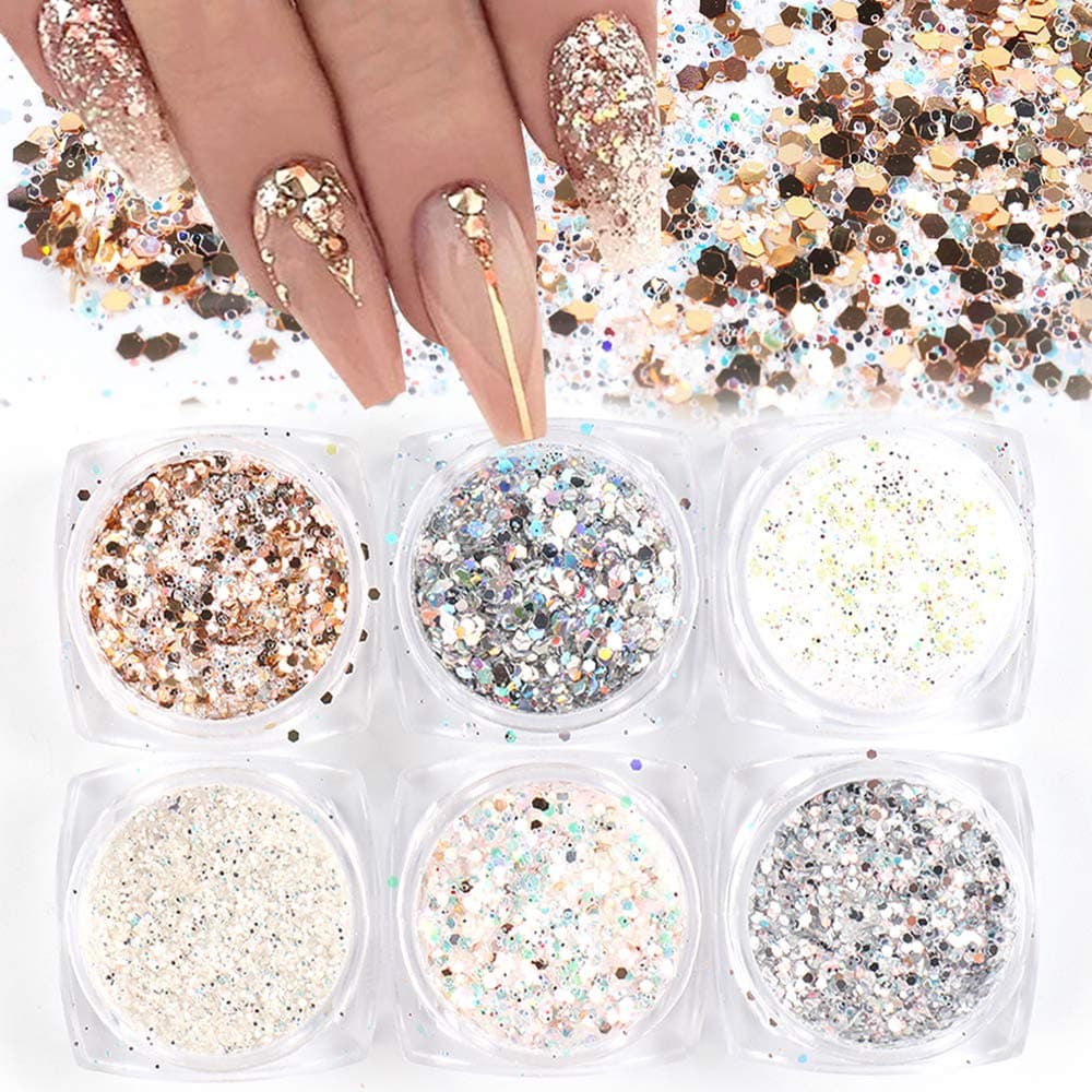 FANJEIS Holographic Nail Art Sequins Glitter Kits 6 Boxes 3D Nails Glitter Metallic Shining Flakes Acrylic Powder Dust Sequins for Nails Decoration Holographic Manicure Tips
