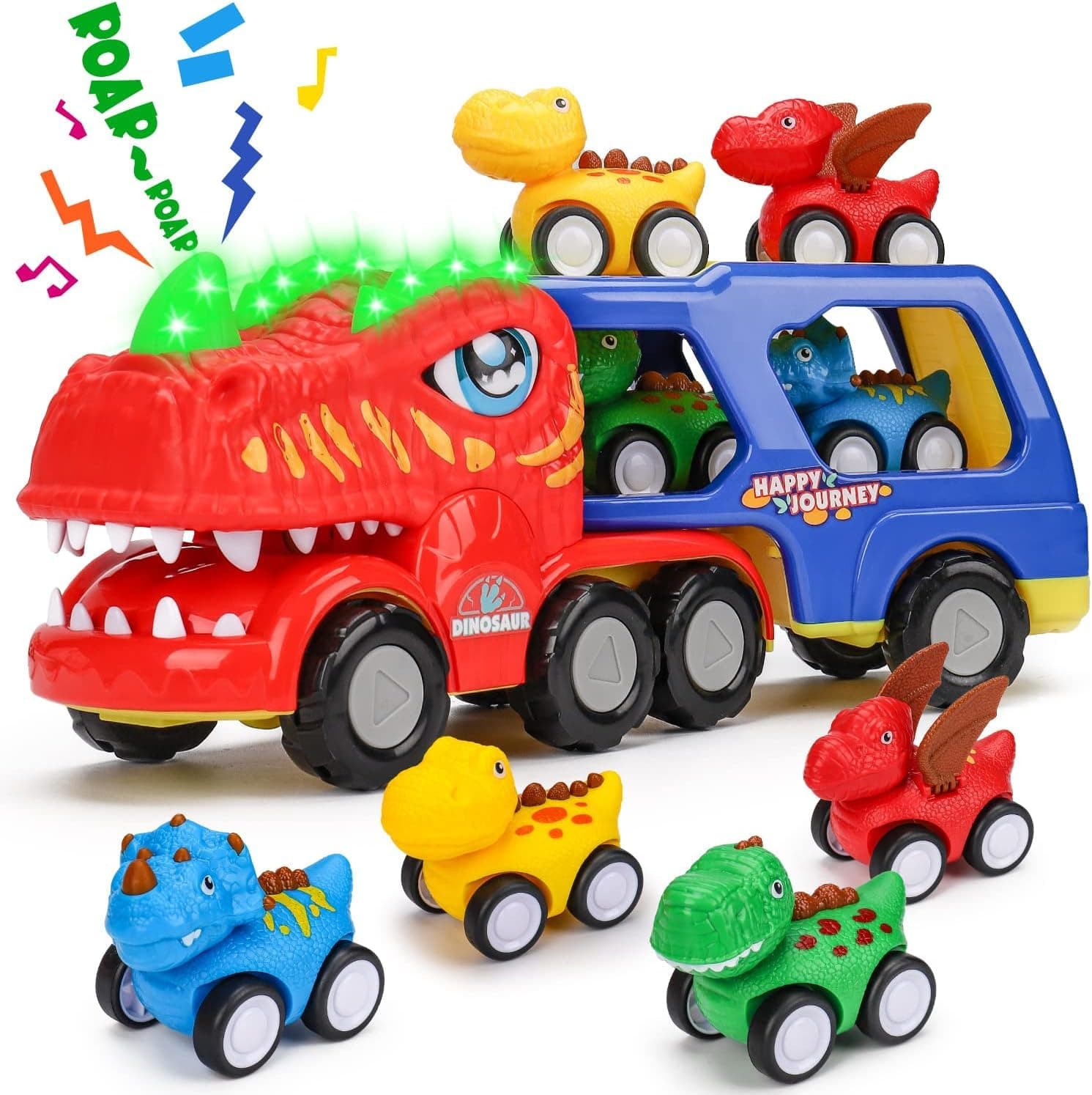 Toddler Car Toys for 1 2 3 4 Year Old Boy Birthday Gifts 5-in-1 Dinosaur Transport Carrier Trucks for Toddlers 1-3 with Dino Sounds & Lights Toddler Boy Toys Age 1-2 2-3 Dinosaur Toys for Kids 2-4