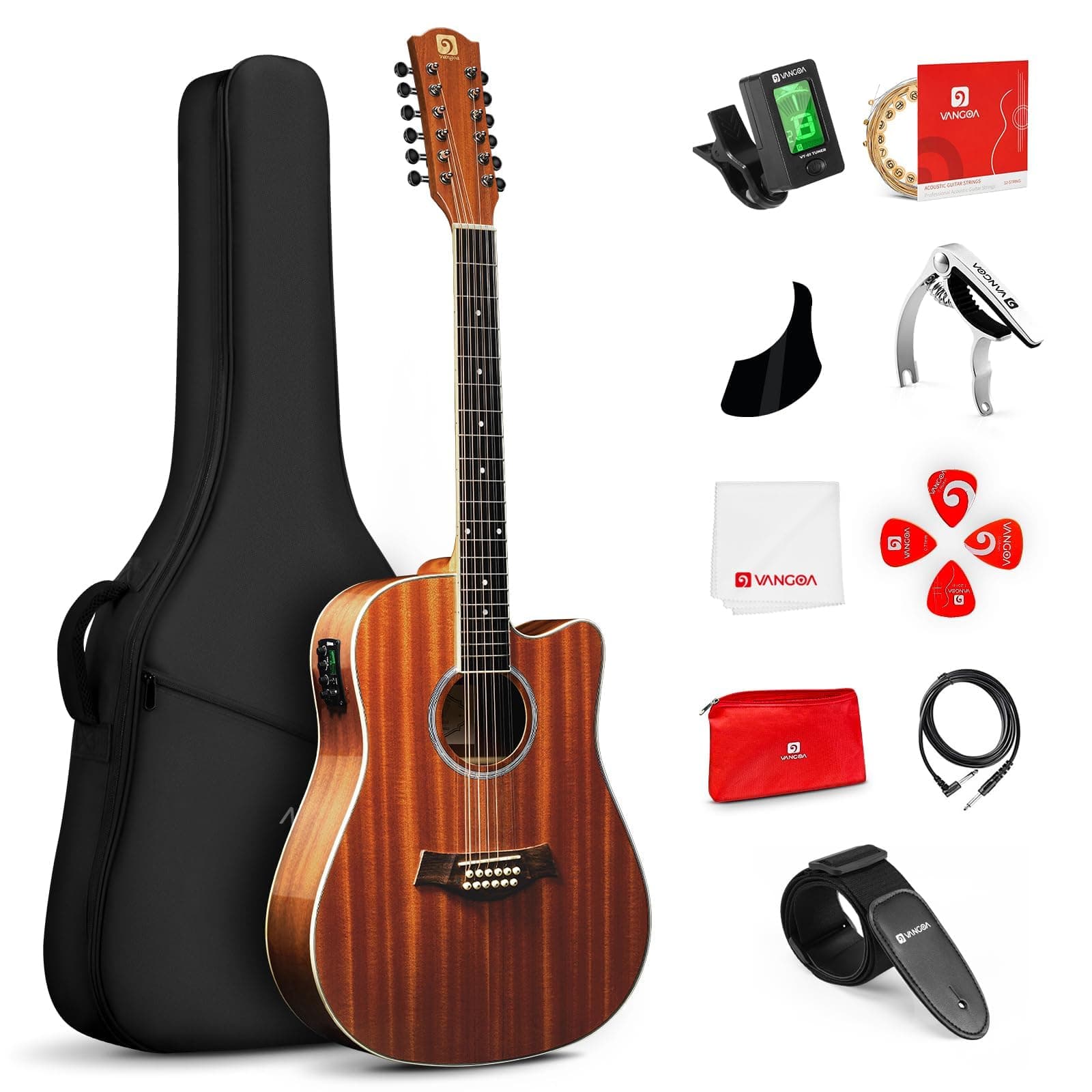 12 String Guitar, Acoustic-electric Dreadnought Cutaway Guitar Bundle, Sapele Body, Natural, Gloss(VA21CE NT12)