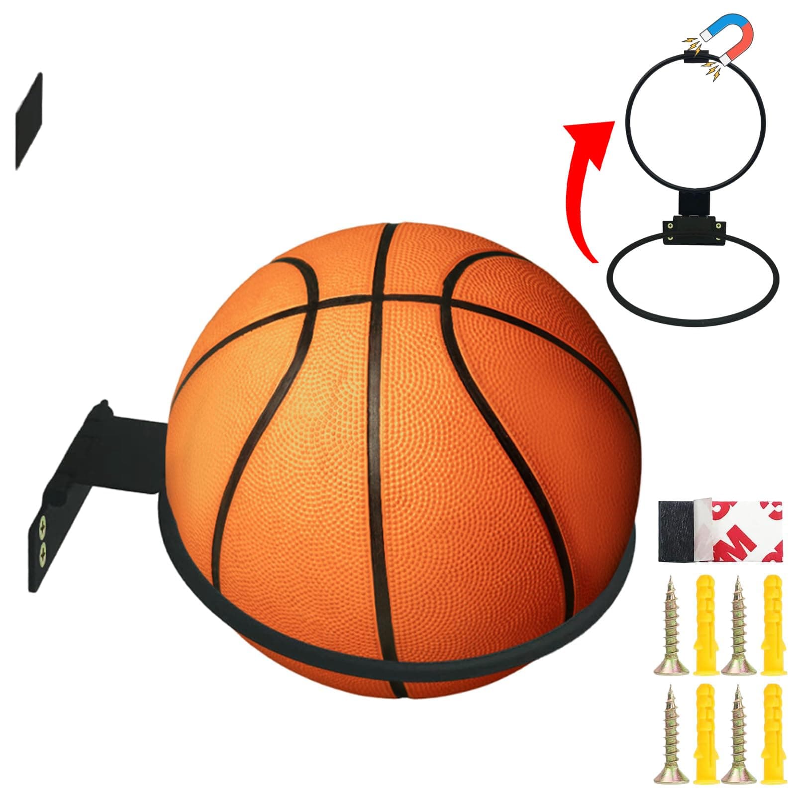 FireBeeBasketball Holder Wall Mount, Foldable Basketball Holder Includes Self-Adhesive Magnetic Sheet, Space-Saving Sports Ball Storage, Metal Ball Storage Rack