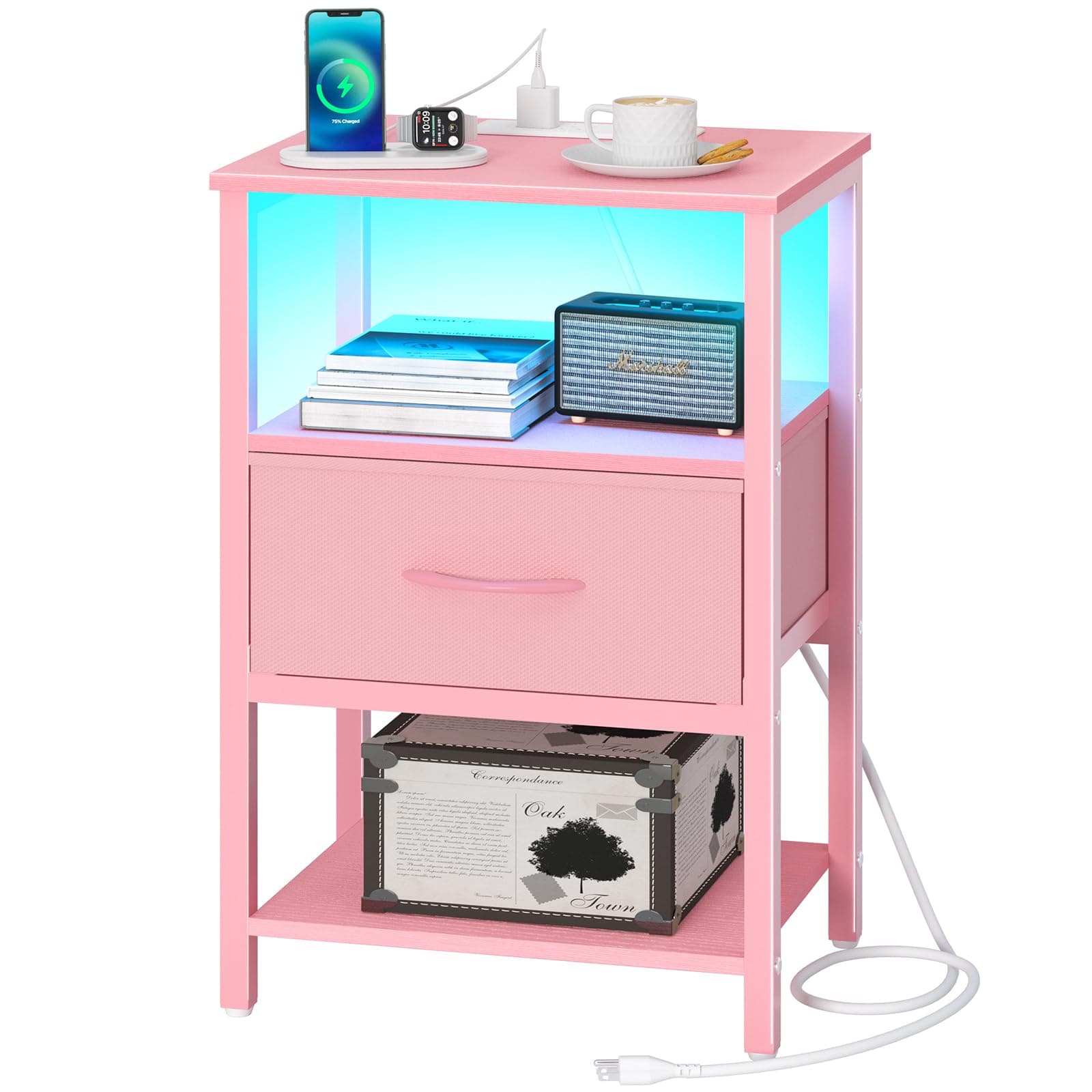 Yoobure Pink Night Stand with Charging Station, LED Nightstand for Bedroom, Bedside Tables with Adjustable Fabric Drawer, 3-Tier End Table Living Room, Small Side Table with Storage