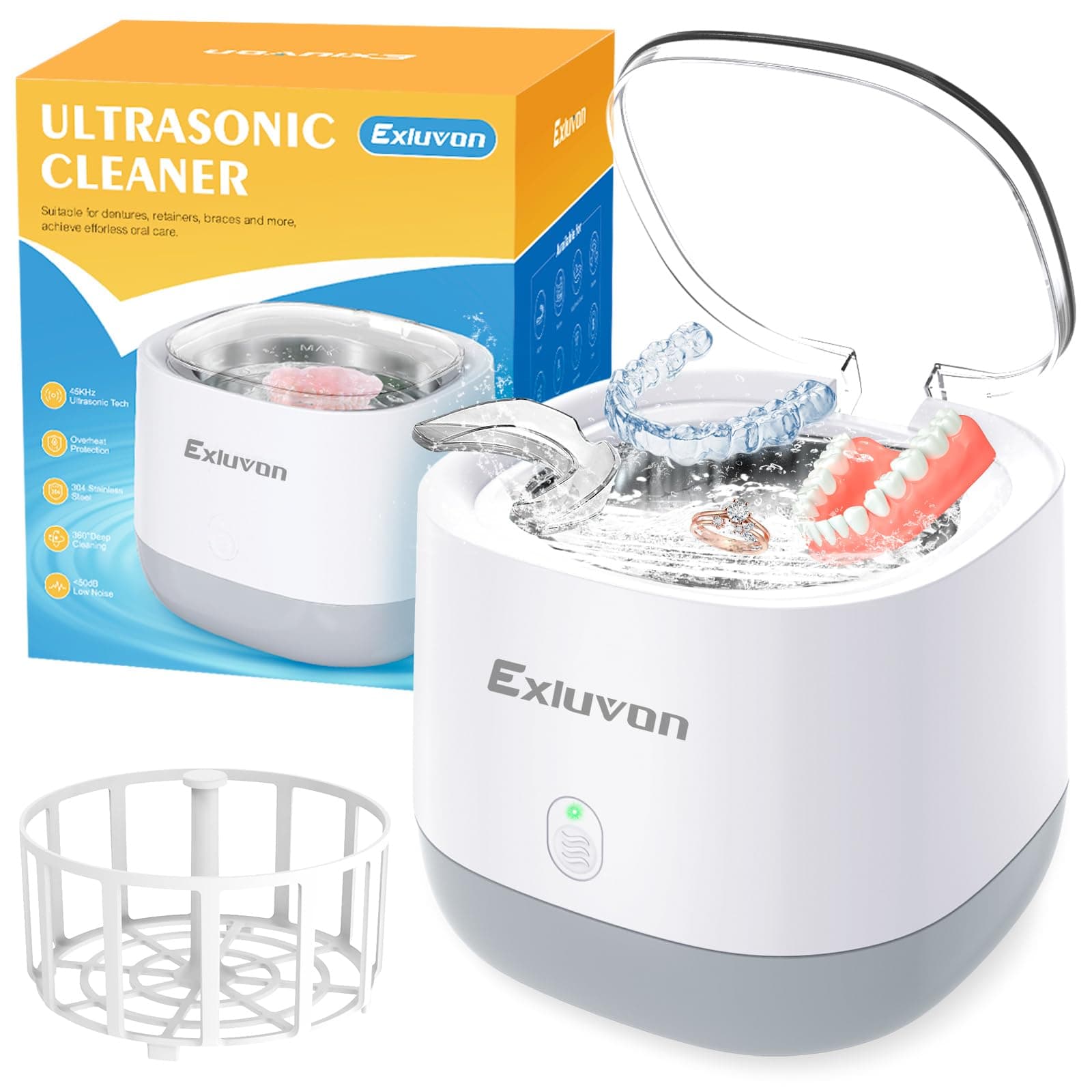 Portable Ultrasonic Retainer Cleaner, 45kHz Retainer Dental Cleaner Machine for Dentures, Aligner, Whitening Trays