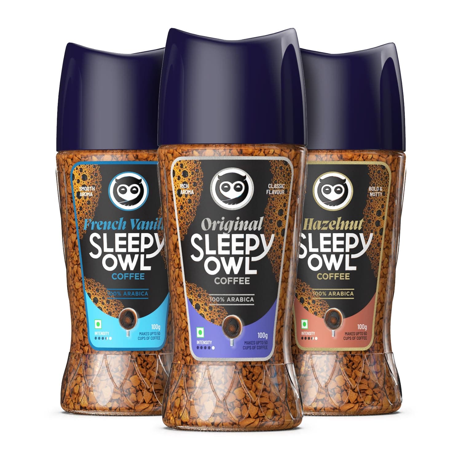 Sleepy Owl Pack of 3 Premium Instant Coffee Combo | 3 Delicious Flavours - Original/Hazelnut/French Vanilla | 100% Arabica | Ready in Seconds | Makes 150 cups | 100gm Each