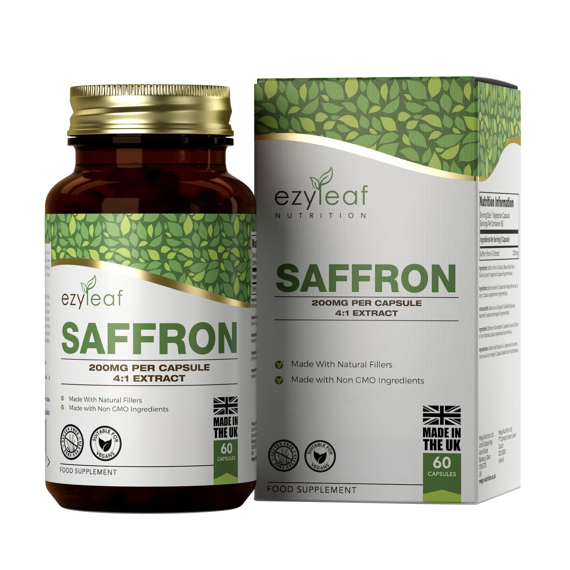 EZ Saffron Supplement | 60 High Strength Extract Saffron Capsules - 200mg (from 4:1 Extract) Safron Herb Extract per Serving | Non-GMO, Gluten & Allergen Free | Manufactured in The UK