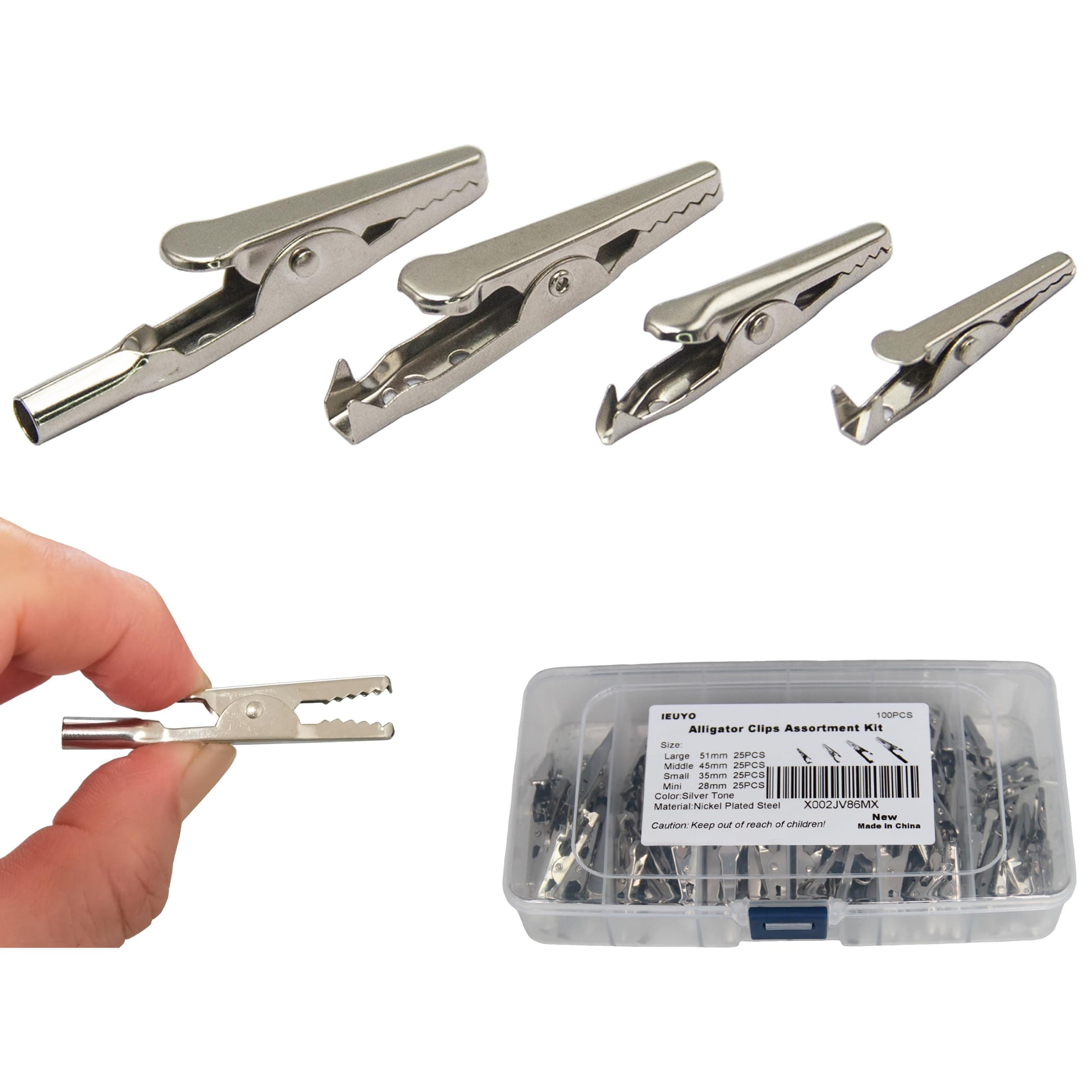 Metal Alligator Clips 100 Pack, Nickel Plated Steel Crocodile Clamps for Battery Testing, Electrical Work, Lab, Craft DIY Projects, Place Card Holders 4 Common Sizes (28mm, 35mm, 45mm, 51mm)