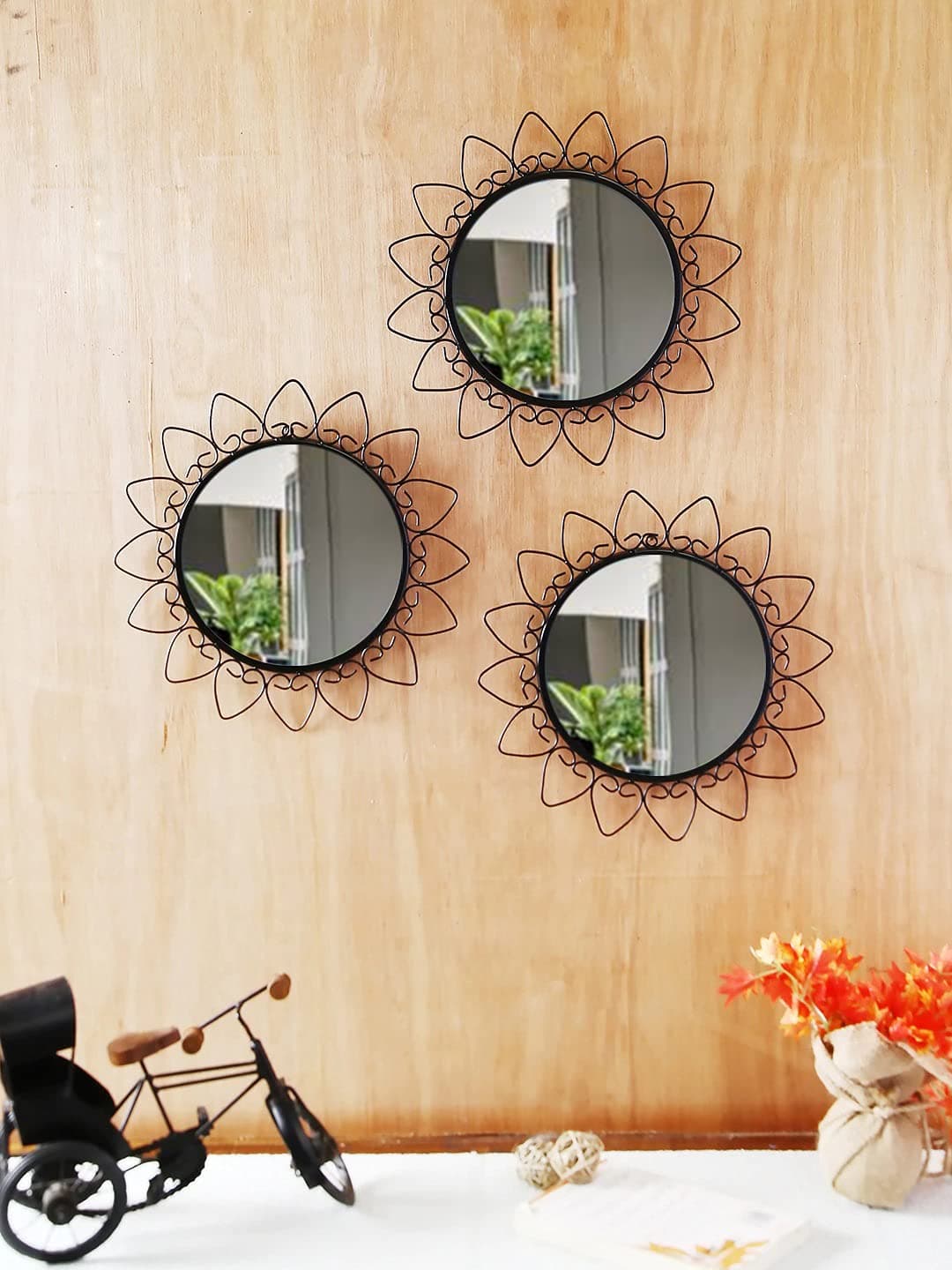 Arsalan Arslan Decorative Mirror Wall Mounted Hanging Mirror Sculpture Metal Hearts Design Modern Art Mirror Home Dcor (Pack Of 3) (33 X 33 Cm)( Black), Framed