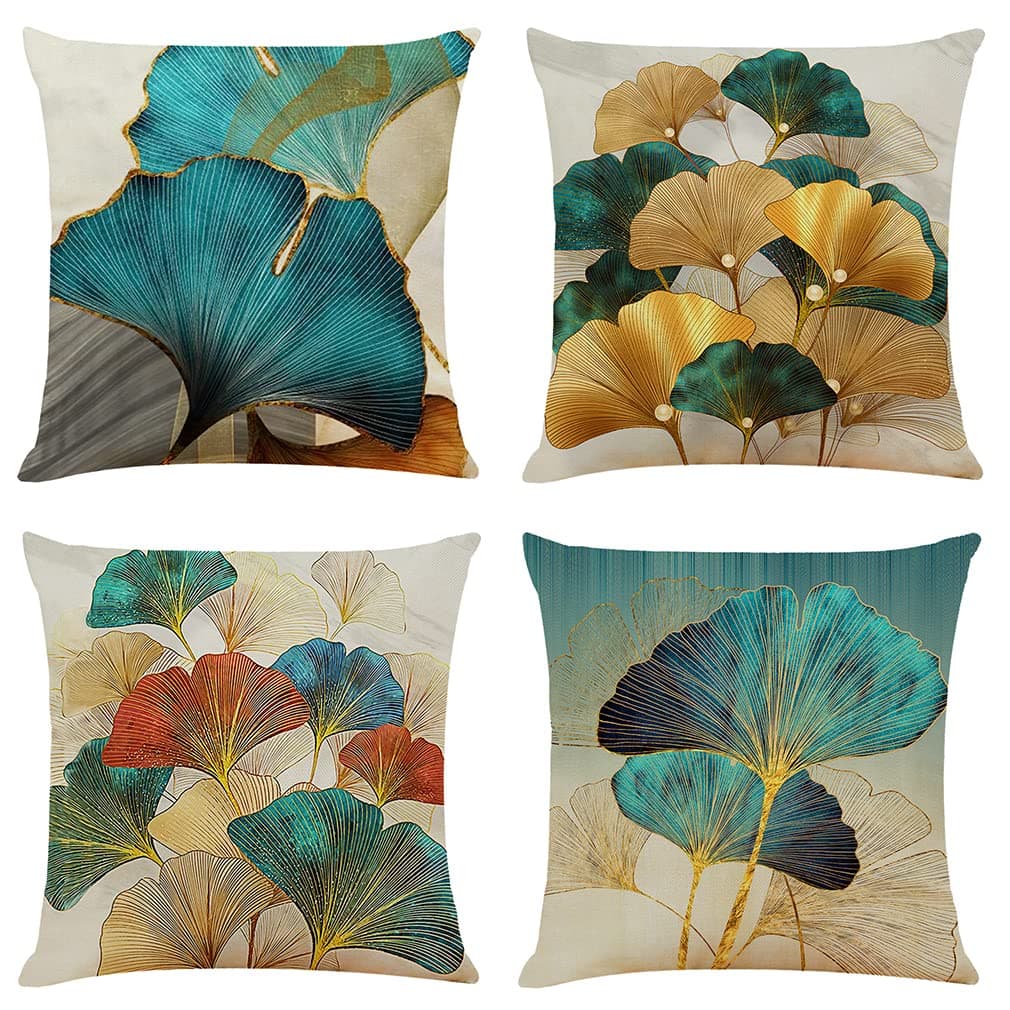 Decorative Teal Throw Pillow Covers 20x20 Set of 4,Outdoor Farmhouse Summer Pillow Covers Rustic Fall Ginkgo Linen Pillow Covers for Couch Sofa Living Room Patio Furniture