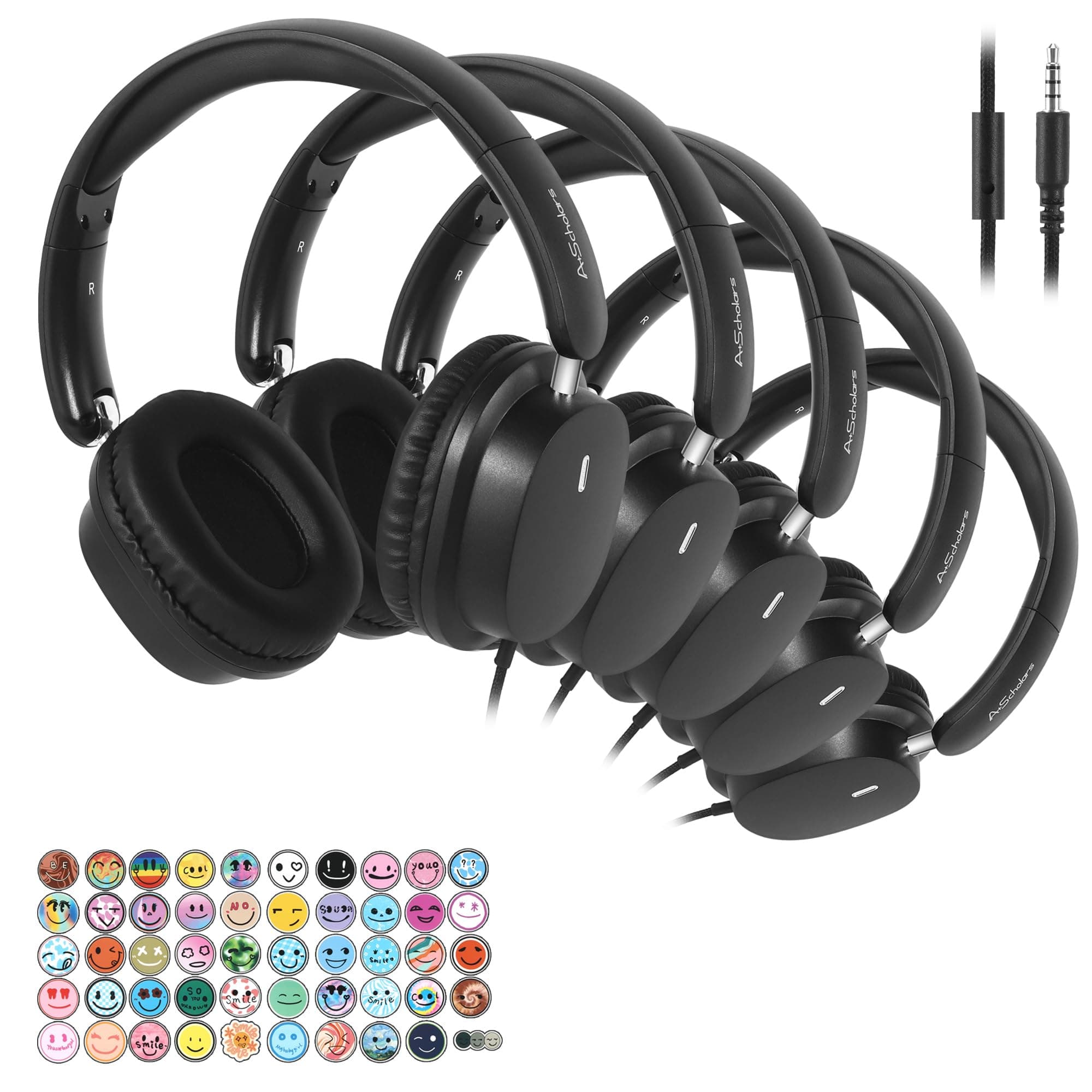 Kids Headphones for School Bulk Set 5-Pack Over-Ear, Foldable, 3.5mm Jack, Wired Earphones for Classroom, Library, Airplane, for Online Learning and Travel (Black)