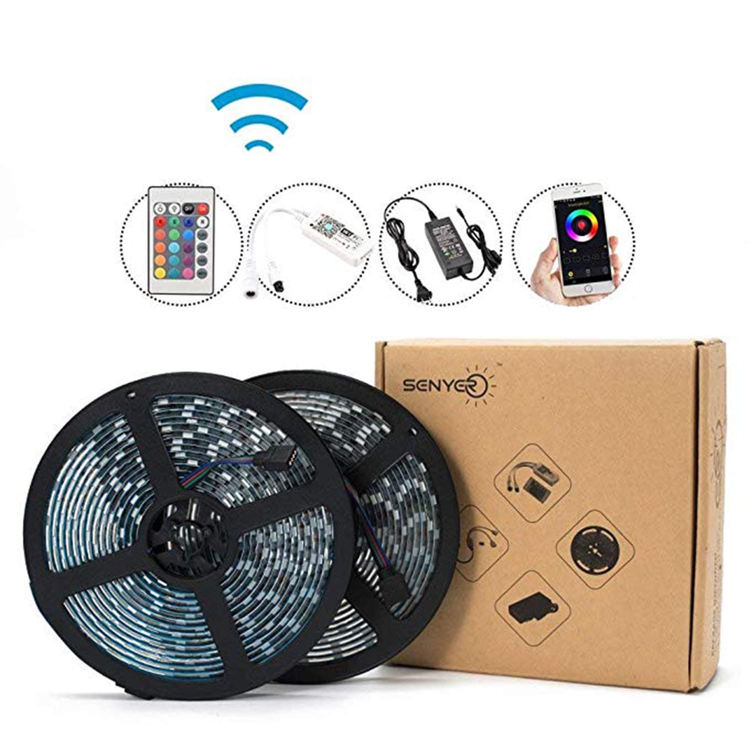 LED Strip Lights,Super Bright 32.8ft SMD 5050 RGB 600 Light Strips UL Listed 12V5A Power Adapter Wi-Fi Controller 24 Key Remote