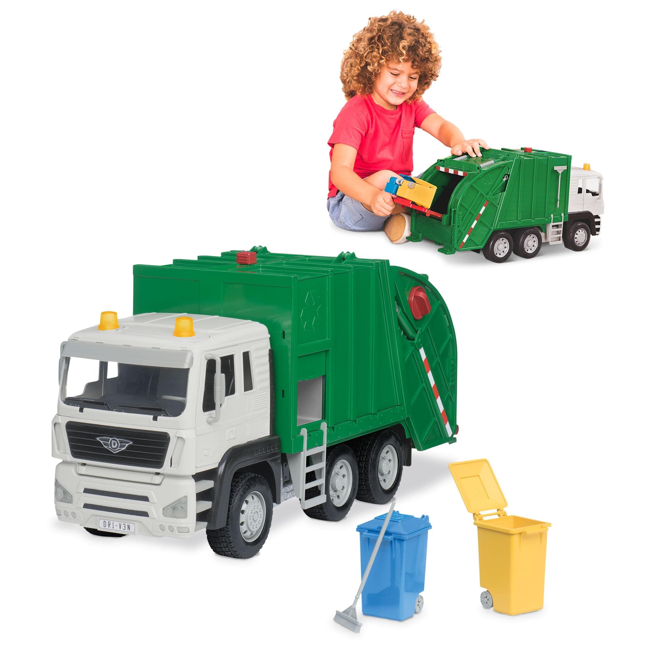 Driven by Battat - Large 18-Inch Green Recycling Truck Toy for Kids – Lights & Sounds, Movable Rear Loader & Bins – City Sanitation Vehicle – 3+ Years