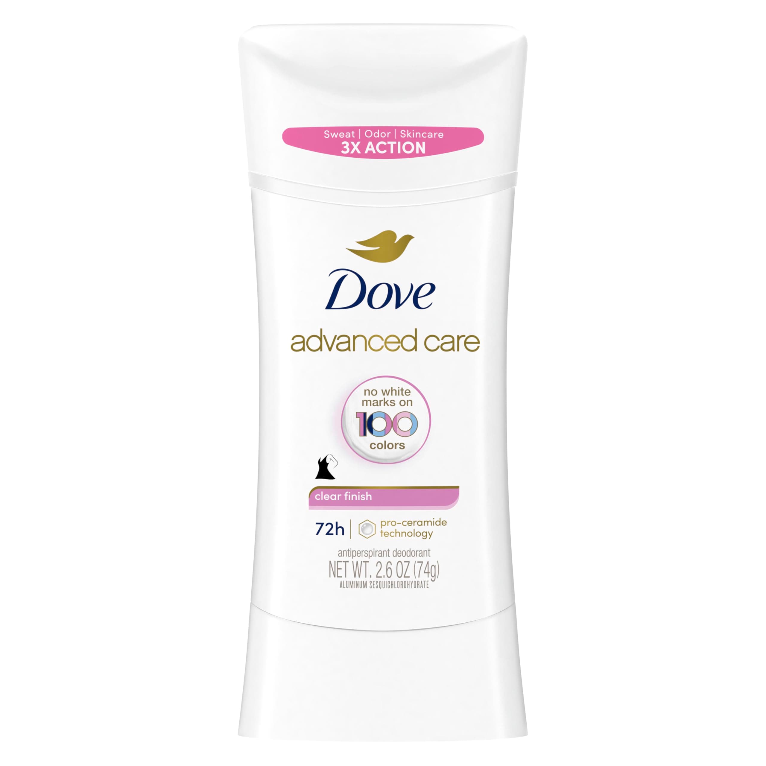 Dove Advanced Care Antiperspirant Deodorant Stick for Soft, Resilient Skin, Clear Finish with No White Marks and 72-Hour Sweat & Odor Protection, 2.6 oz