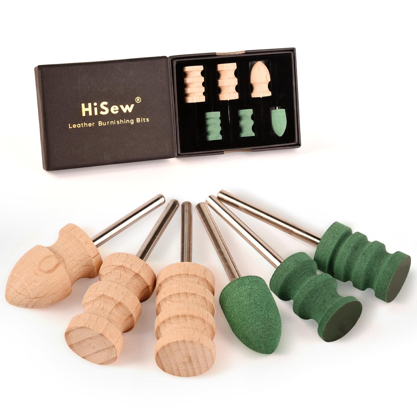 Hisew Leather Edge Burnishing Bits – Standard Set of 6 for Smoothing & Polishing Medium-Firm Leather Edges, Like Veg-Tan (400 Grit Sanding Bits + Beechwood Burnishers), Compatible with Rotary Tools