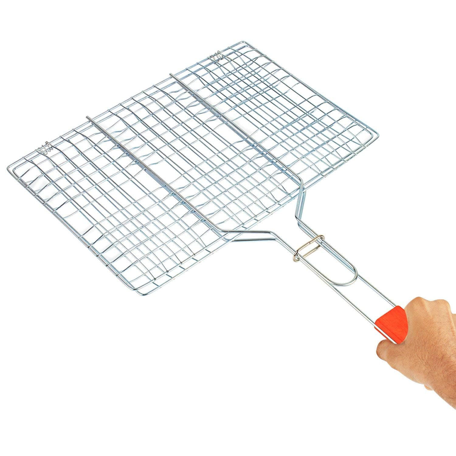 EOWQON® Portable Barbecue BBQ Grill Net Basket Roast Grilling Tray Chromium Plated with Wooden Handle with Silicone Spatula with Oil Brush