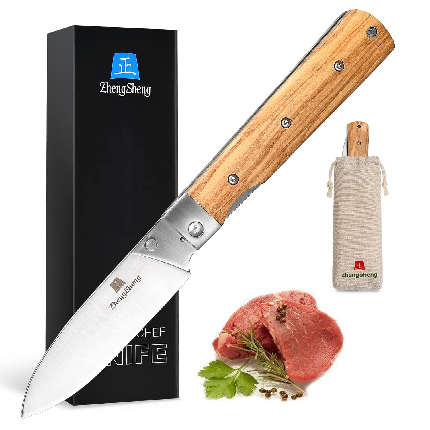 4.5-Inch Folding Kitchen Knife with Ultra Sharp 440A Stainless Steel Blade and Natural Olive Handle for BBQ, Peeling, Outdoor Camping