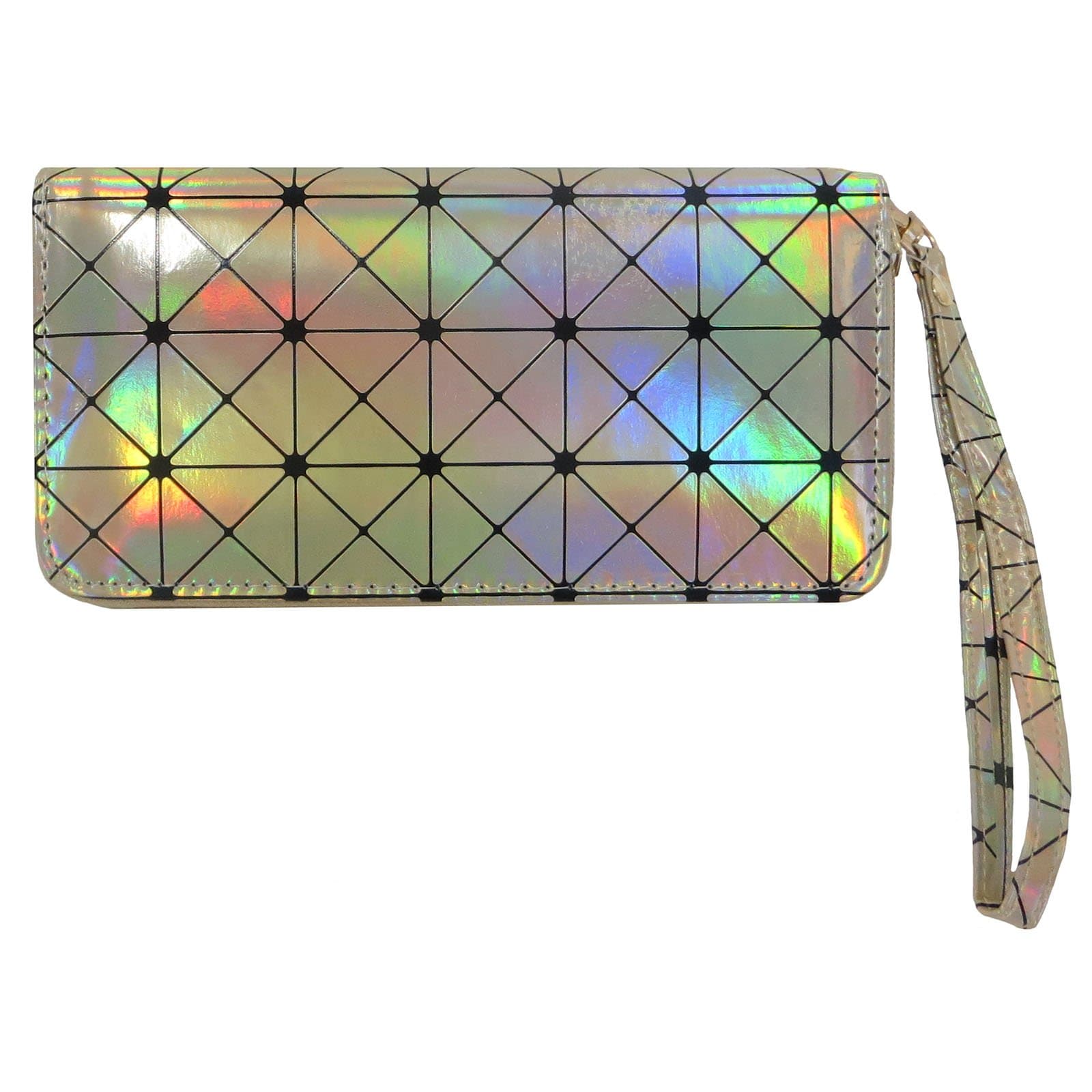 Luminous Geometric Holographic metallic wallet for women PU leather chain for women (gold)