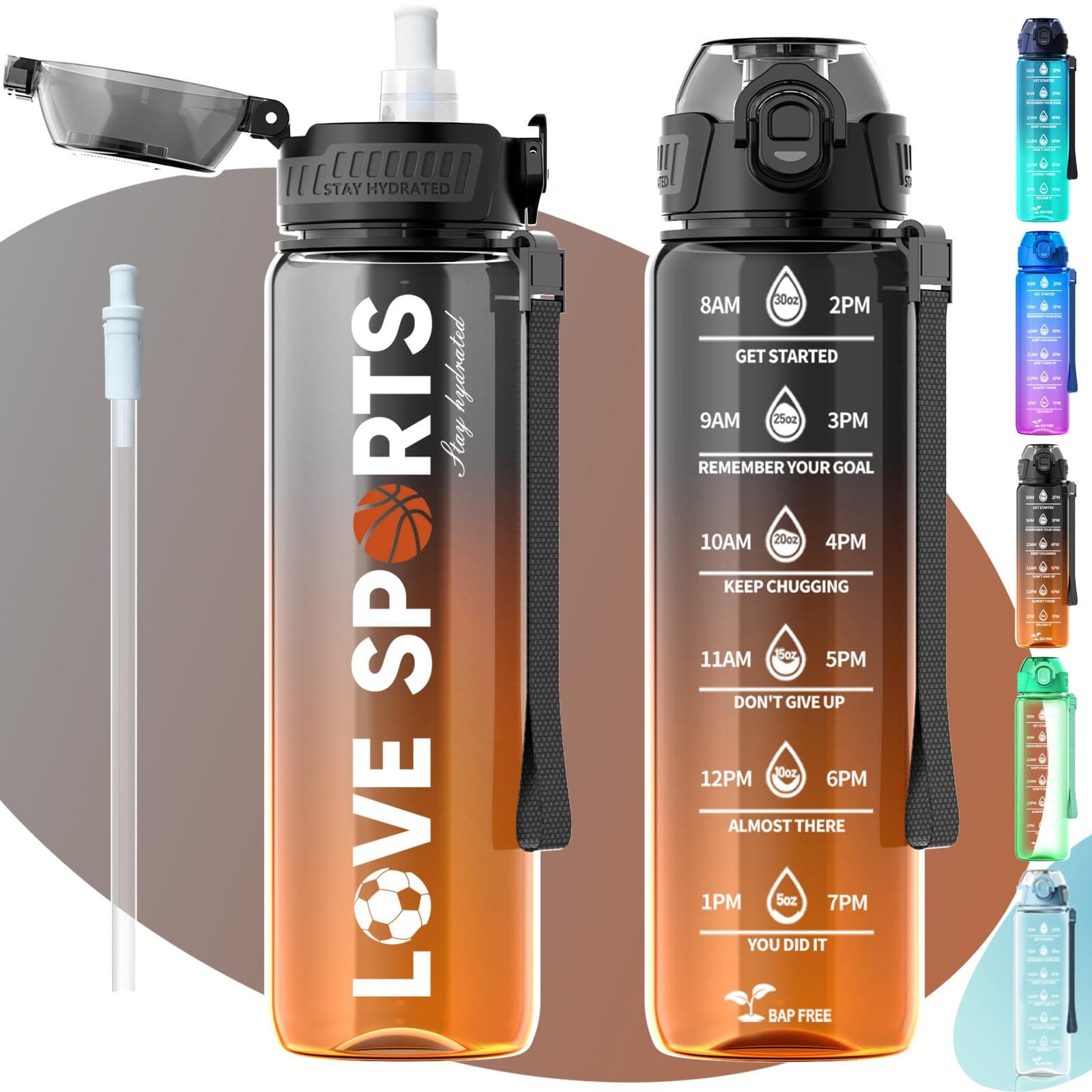 Sports Water Bottle, Time Marker for Motivational Hydration, Drop-proof, BPA-free, Wide Mouth for Easy Clean: Cold/Hot/Carbonated/Cider (1 L Black-Orange Translucent, 1000 ml)