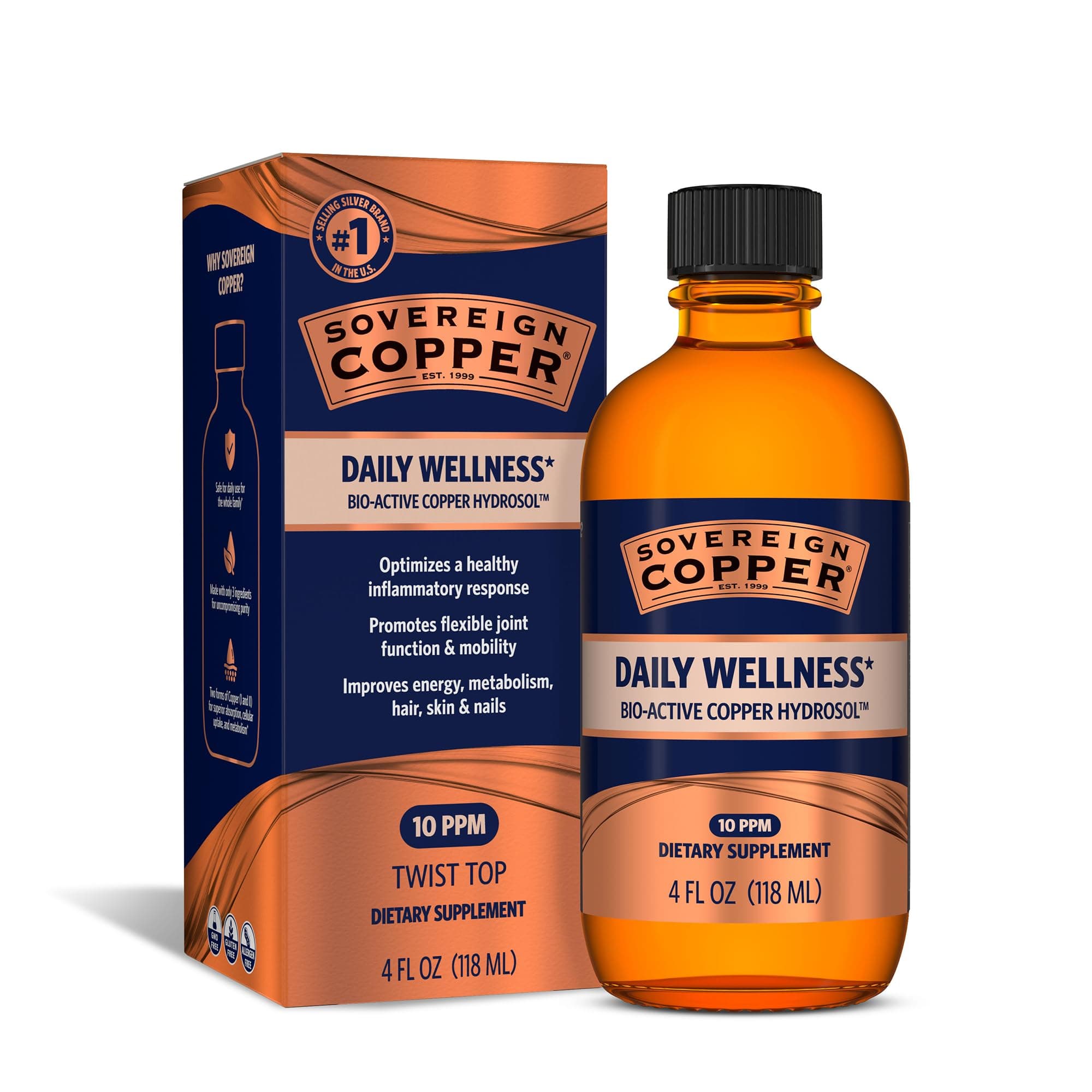 Sovereign Copper Bio-Active Copper Hydrosol, Daily+ 4-in-1 Wellness Supplement for Joint, Bone, Hair, Skin and Nails, Cardiovascular Health, Energy and Metabolic Health Support, 4 fl oz (118 mL)