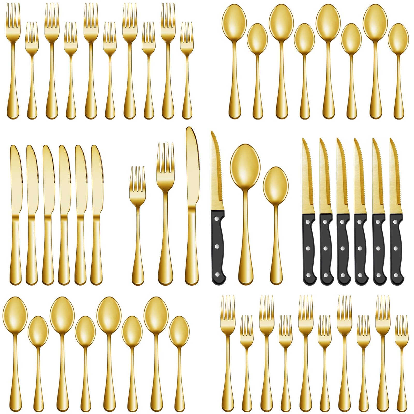 48 Pcs Gold Silverware Set with Steak Knives, Stainless Steel Flatware Cutlery Set Service for 8, Kitchen Tableware Sets, Utensil Sets for Home and Restaurant, Knives Forks Spoon, Dishwasher Safe