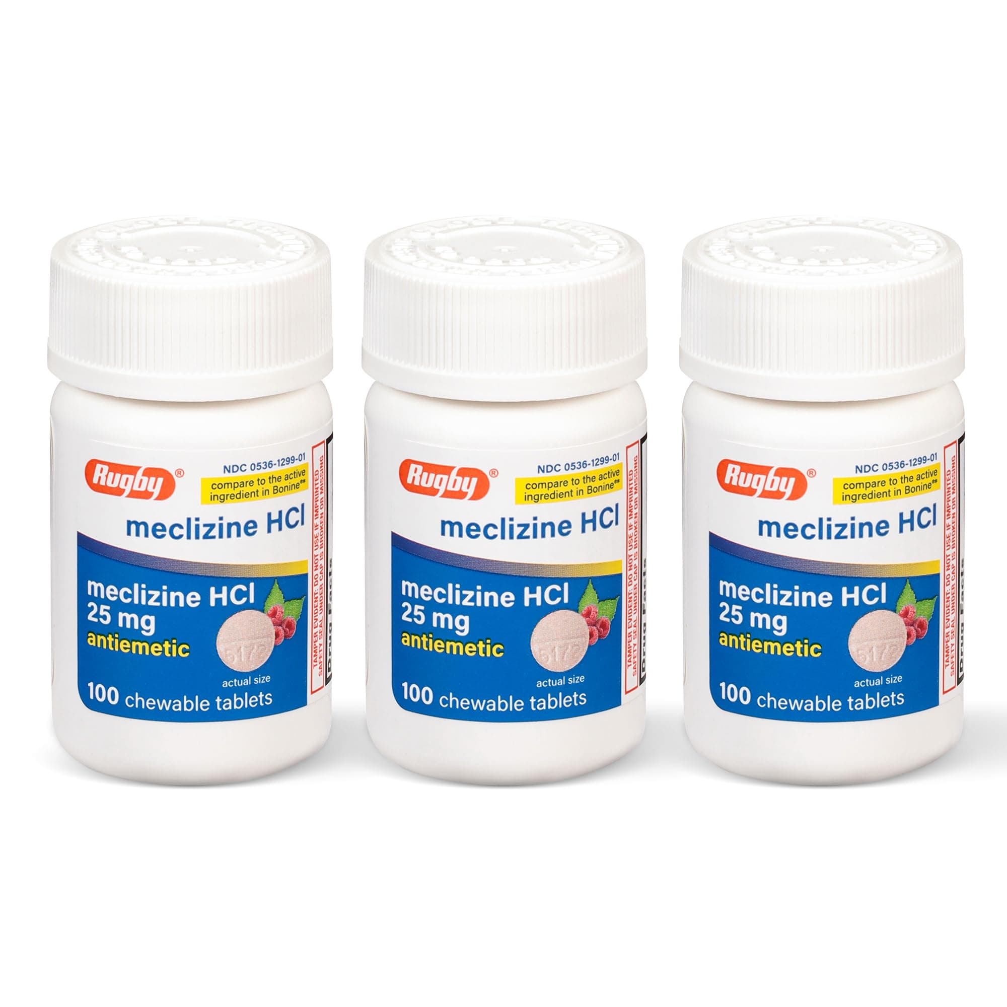 RUGBY LABORATORIES Meclizine Anti-Nausea Tablets - 25 Mg, 100 per Bottle, 3 Bottles