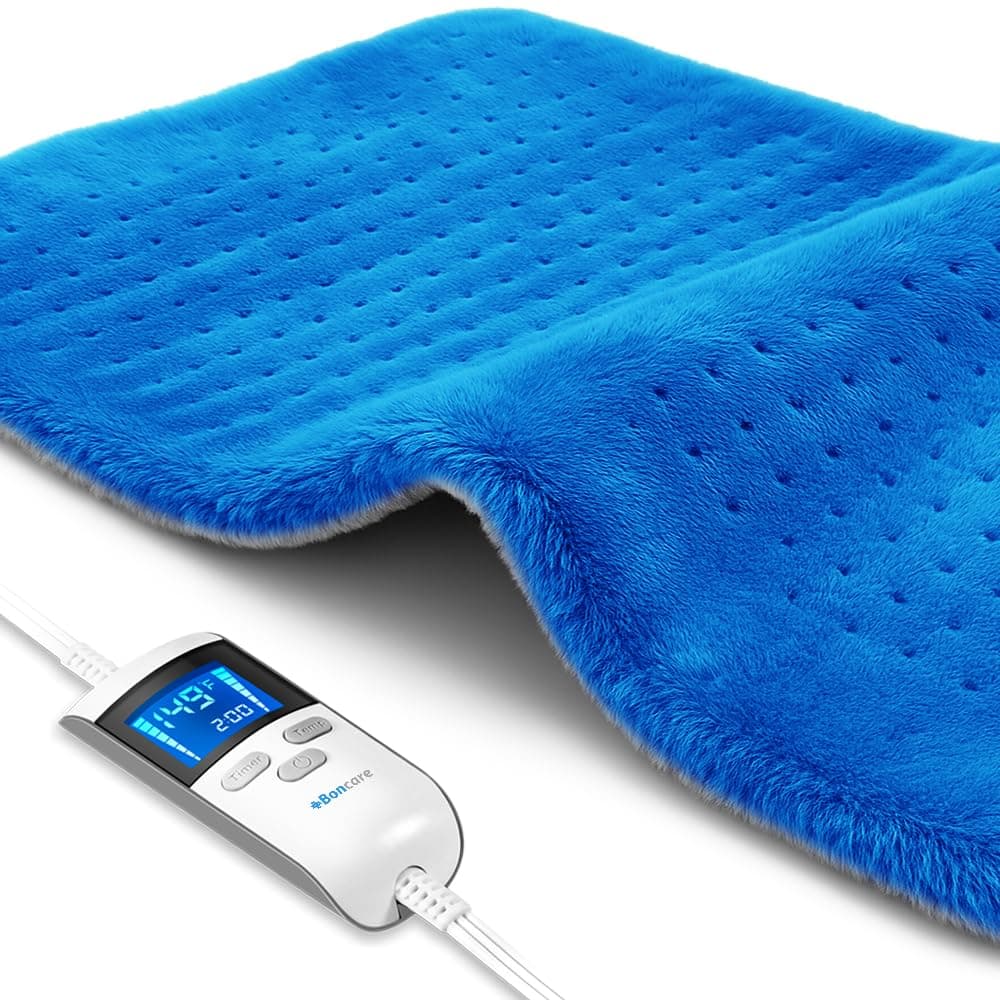 Boncare® LCD Digital Control Electric Heating Pad for Period Cramps and Back Pain Relief Large Size, 6 Timers Auto Off & 6 Temp Settings, Super Soft Heat Pad Moist/Dry Natural Therapy (Blue, 12"x24")