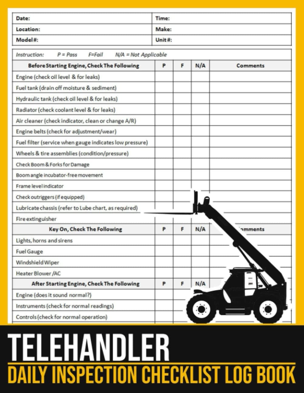 Telehandler Daily Inspection Checklist Log Book: Telehandlers Pre-Use Inspection Checklist, Telescopic Handler Inspection Checklist, Telehandler Safety Checklist, 100 Pages, Large Print 8.5 x 11 in