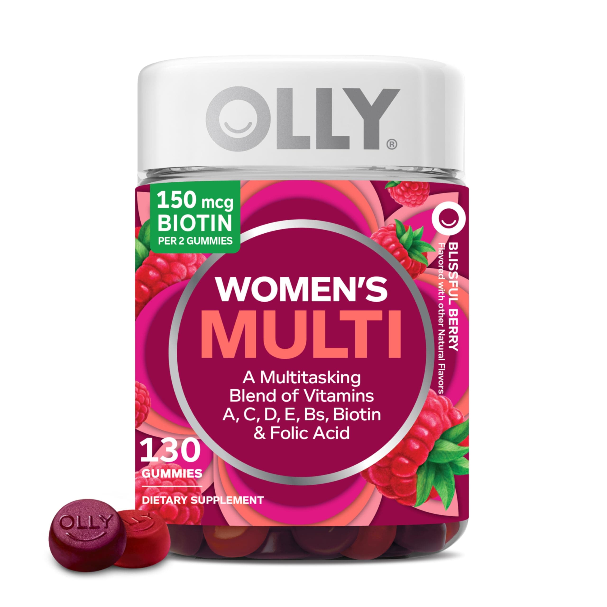 OLLY Women's Daily Multivitamin Gummy, Vitamins A, D, C, E, Biotin, Folic Acid, Adult Chewable Vitamin, Berry Flavor, 65 Day Supply - 130 Count