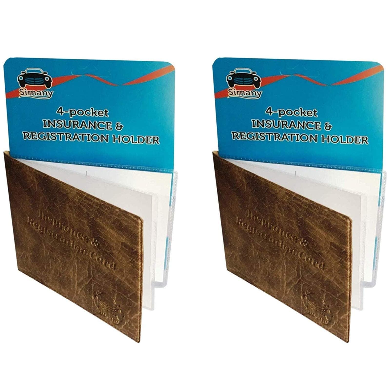 Set of 2 Tan 4-Pocket CAR Insurance Registration Holder 5.25" x 4.6" Embossed Faux-Leather
