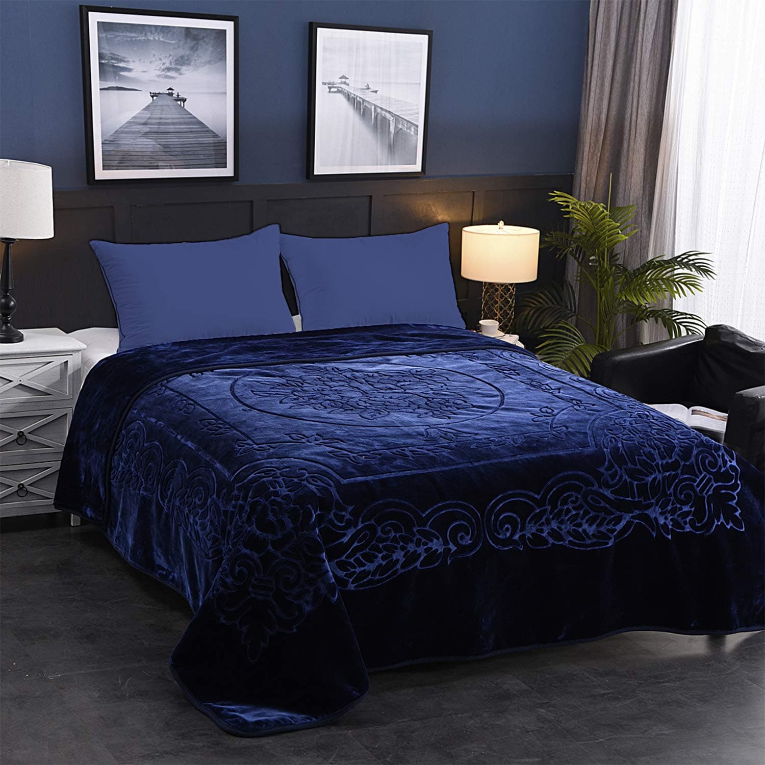 MERRY HOME JML Fleece Blanket King Size, Heavy Korean Mink Blanket 85 X 95 Inches- 9 Lbs, Single Ply, Soft and Warm, Thick Raschel Printed Mink Blanket for Autumn,Winter,Bed,Home,Gifts, (Navy)