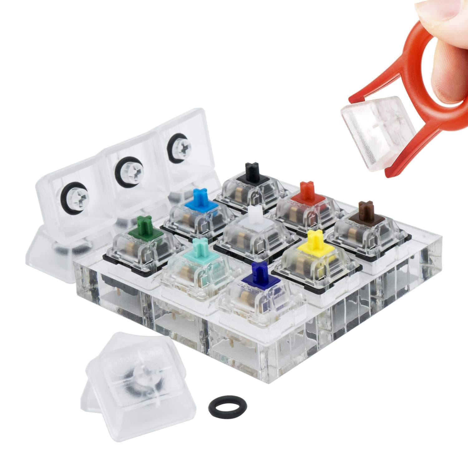 Gateron 9 Key Switch Tester Mechanical Keyboards Testing Sampler Zealios 67g Tealios, with Keycap Puller and 40A-L O-Rings